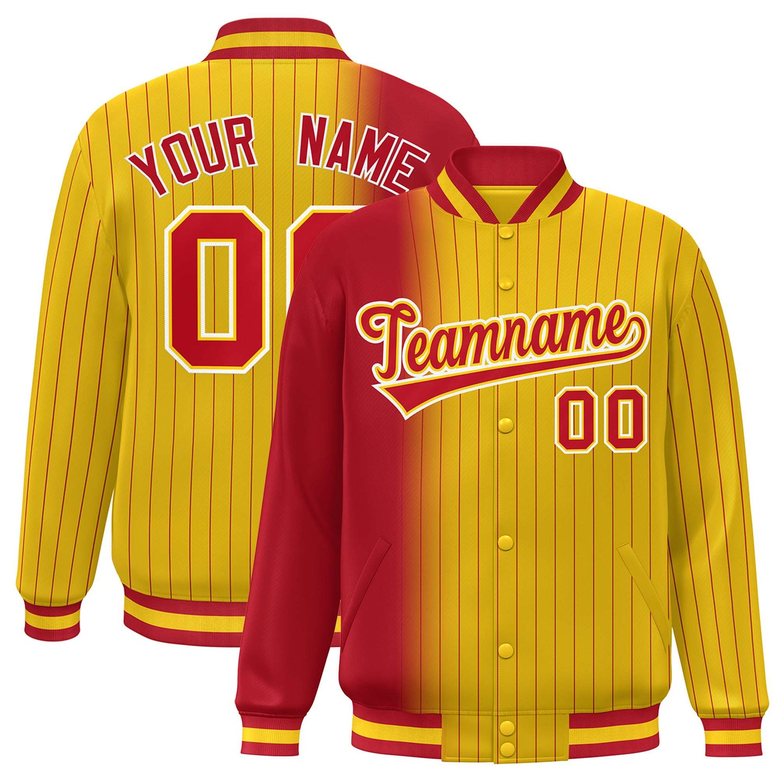 Custom Gold Red Pinstripe White-Red Gradient Fashion Varsity Full-Snap Jacket