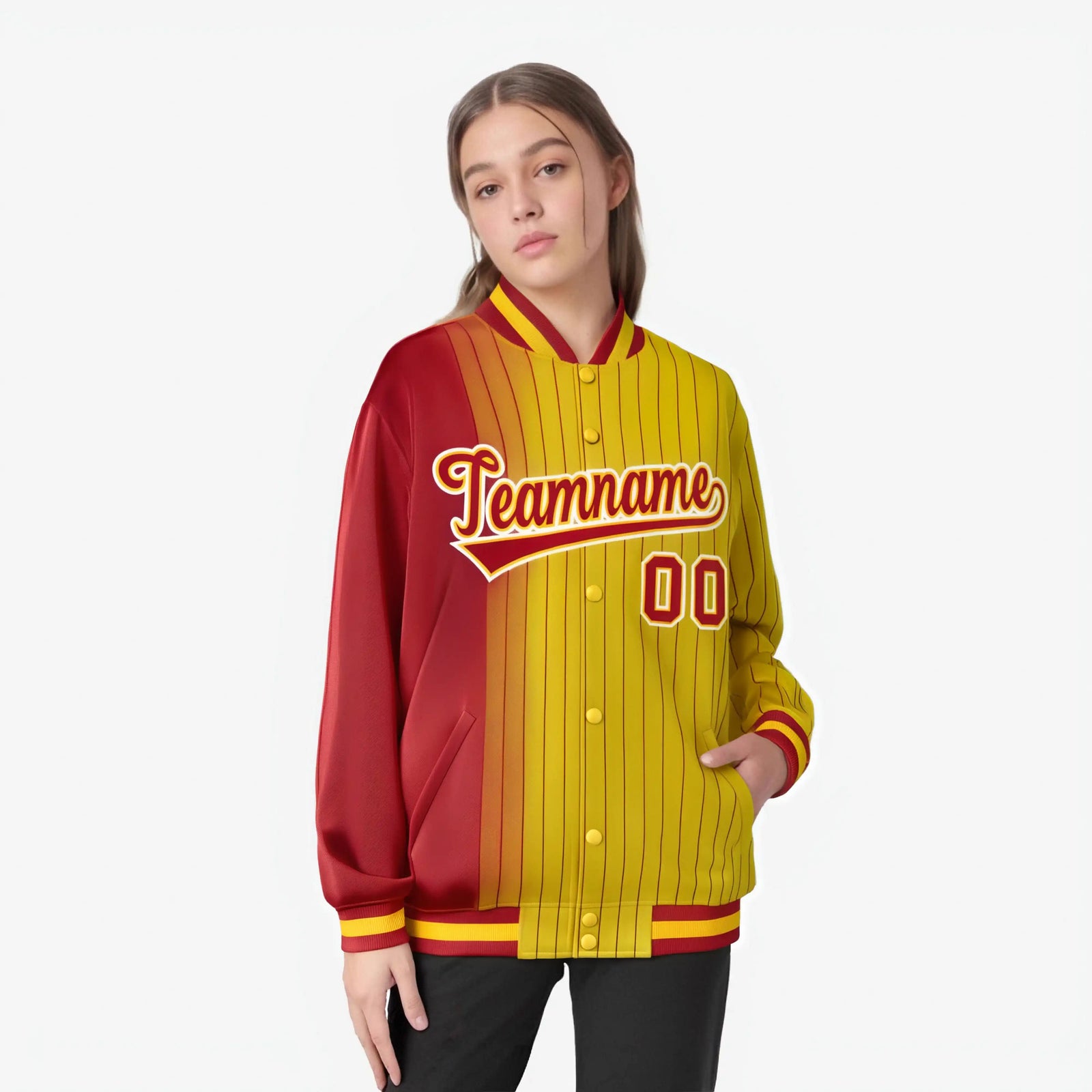 Custom Gold Red Pinstripe White-Red Gradient Fashion Varsity Full-Snap Jacket
