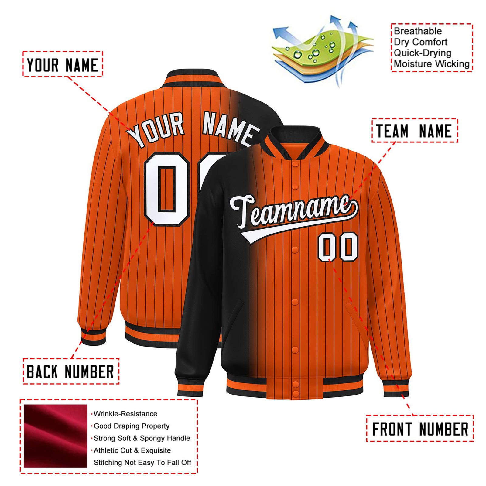 Custom Orange Black Pinstripe White-Black Gradient Fashion Varsity Full-Snap Jacket