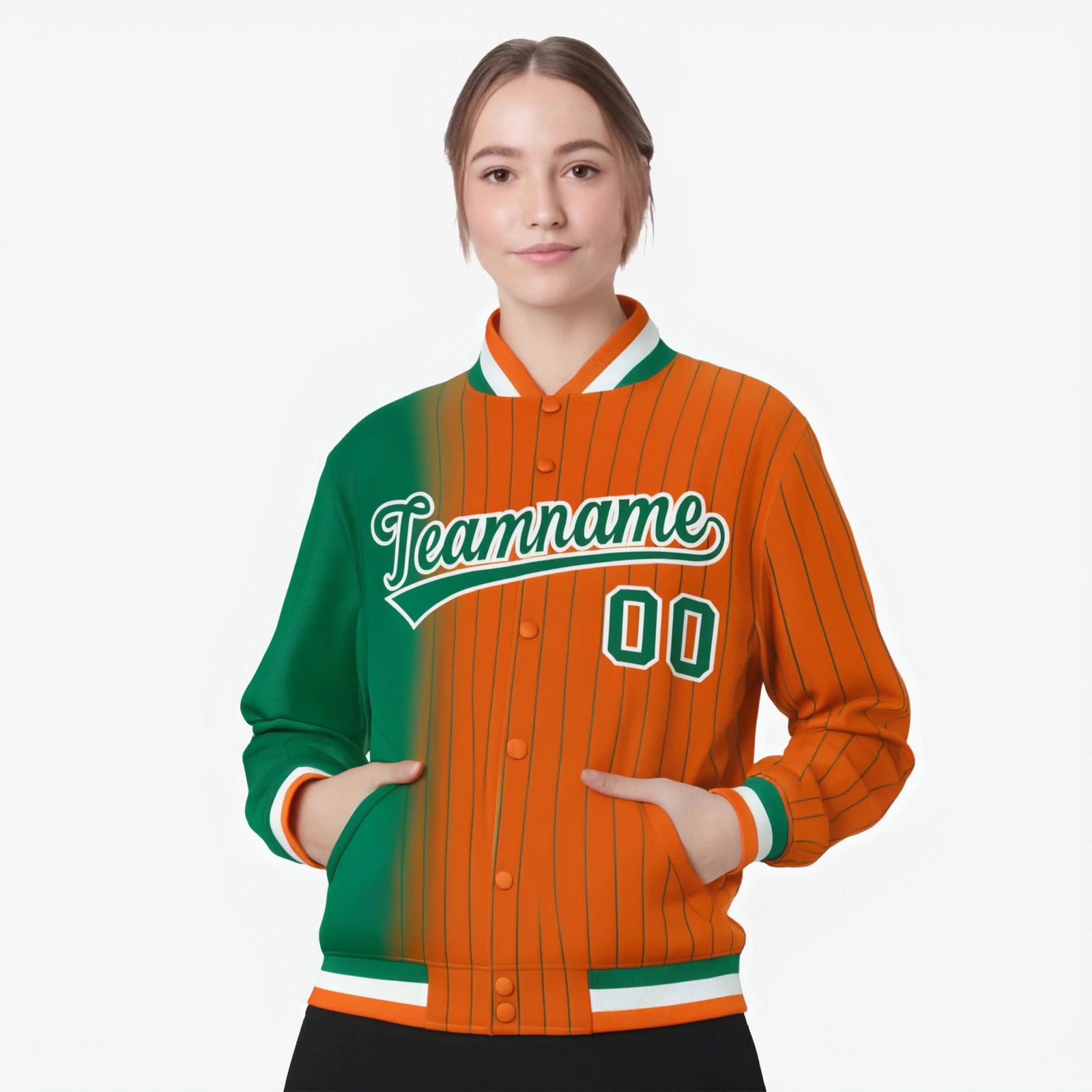 Custom Orange Kelly Green Pinstripe White-Kelly Green Gradient Fashion Varsity Full-Snap Jacket