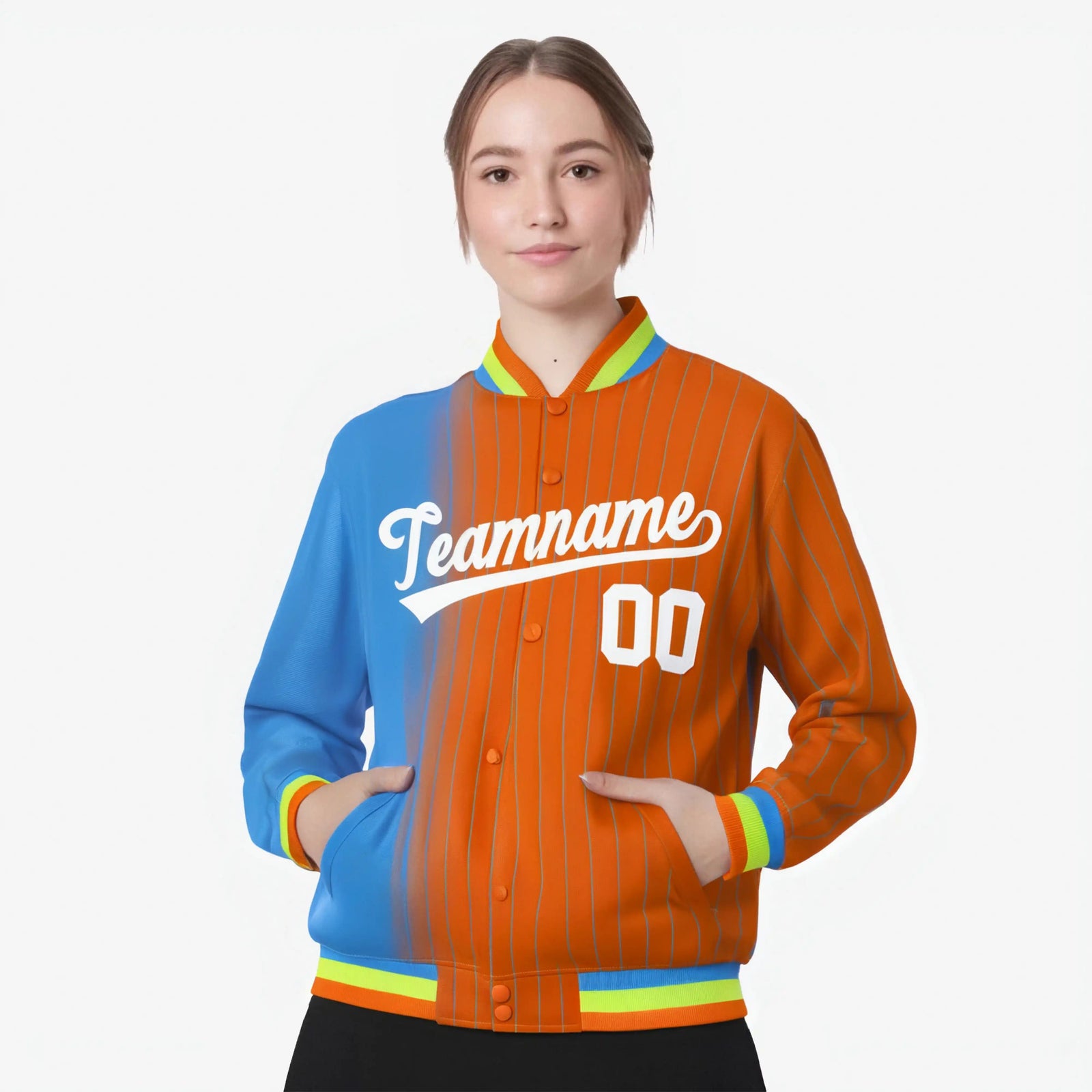 Custom Orange Powder Blue Pinstripe White-Powder Blue Gradient Fashion Varsity Full-Snap Jacket