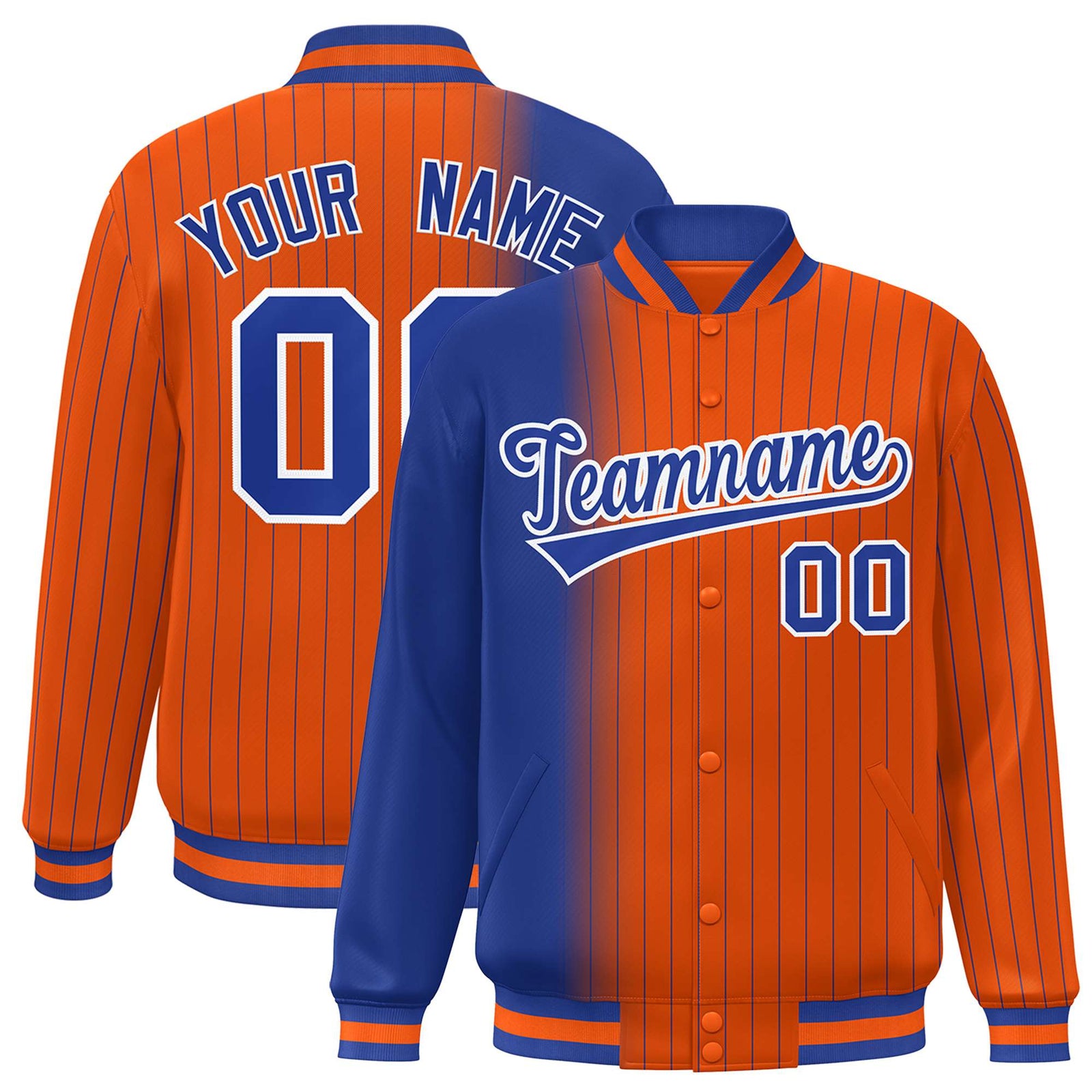 Custom Orange Royal Blue Pinstripe White-Royal Blue Gradient Fashion Varsity Full-Snap Jacket
