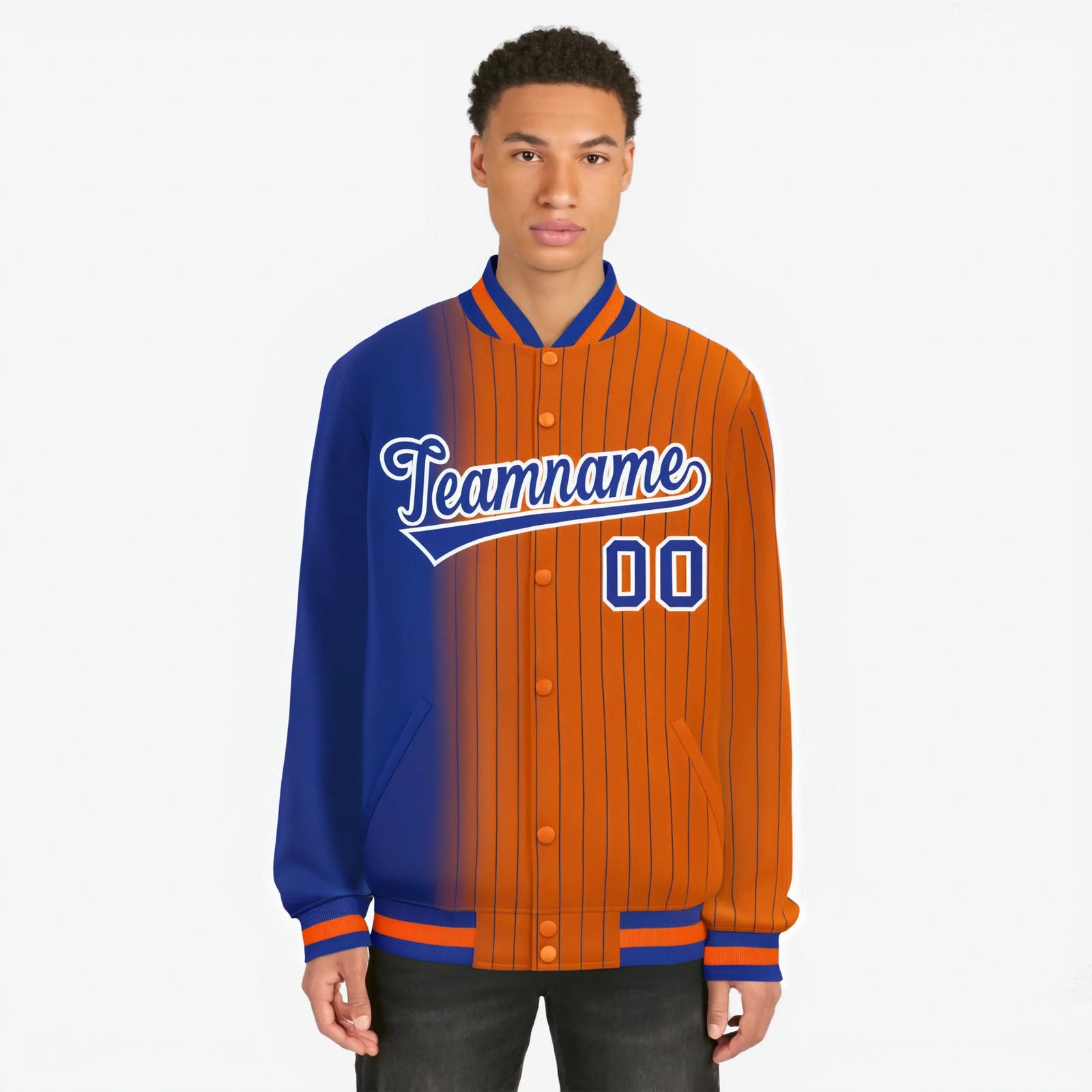 Custom Orange Royal Blue Pinstripe White-Royal Blue Gradient Fashion Varsity Full-Snap Jacket