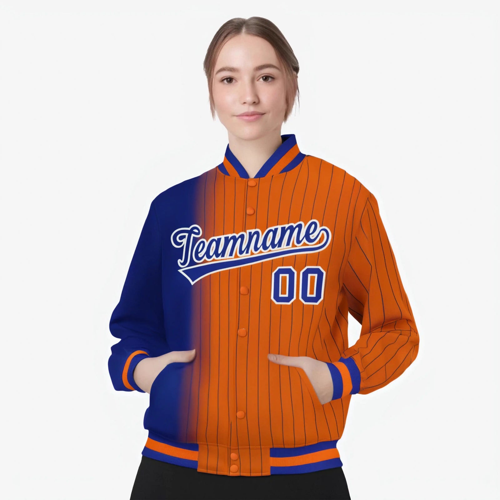 Custom Orange Royal Blue Pinstripe White-Royal Blue Gradient Fashion Varsity Full-Snap Jacket