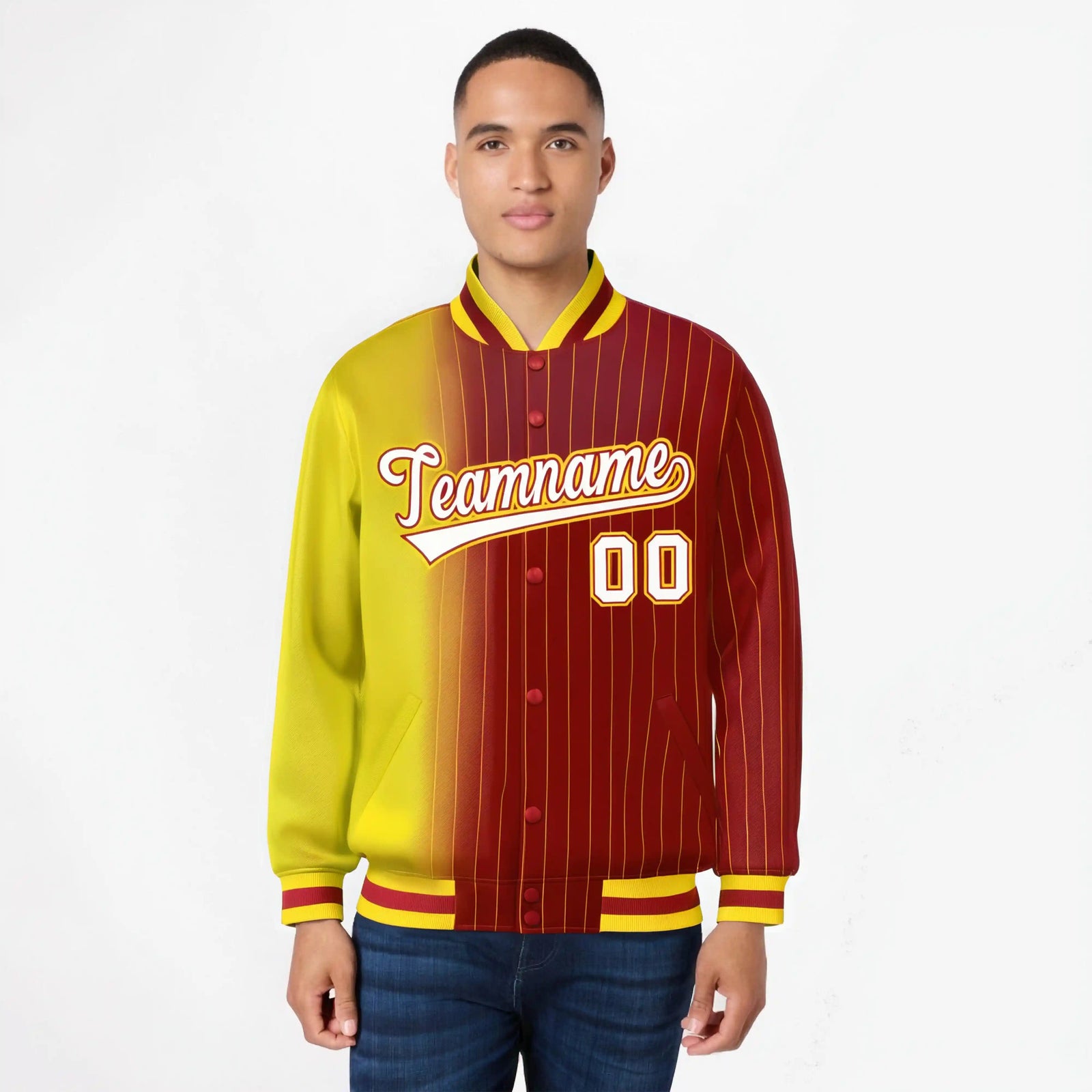 Custom Red Gold Pinstripe White-Gold Gradient Fashion Varsity Full-Snap Jacket