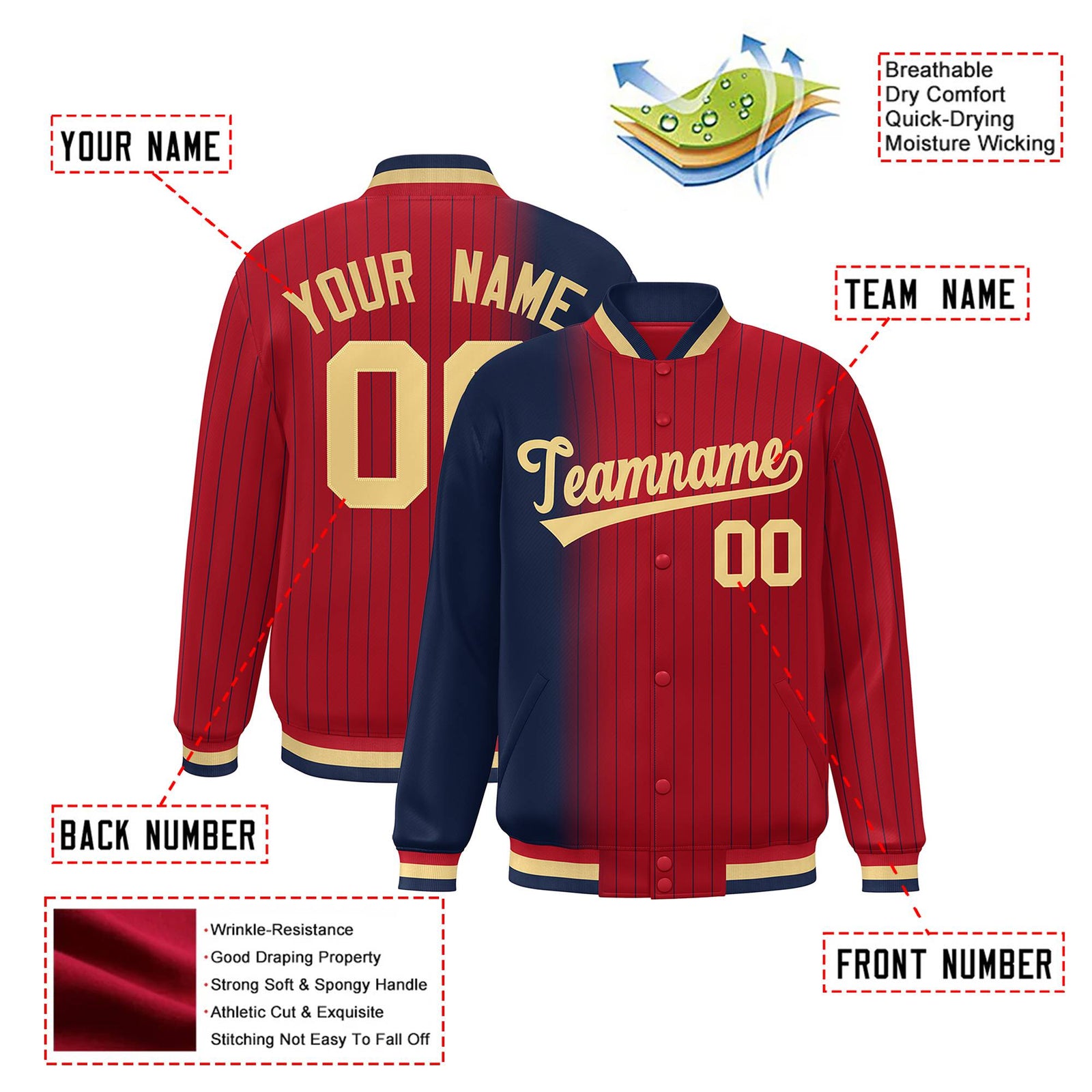Custom Red Navy Pinstripe Old Gold-Navy Gradient Fashion Varsity Full-Snap Jacket