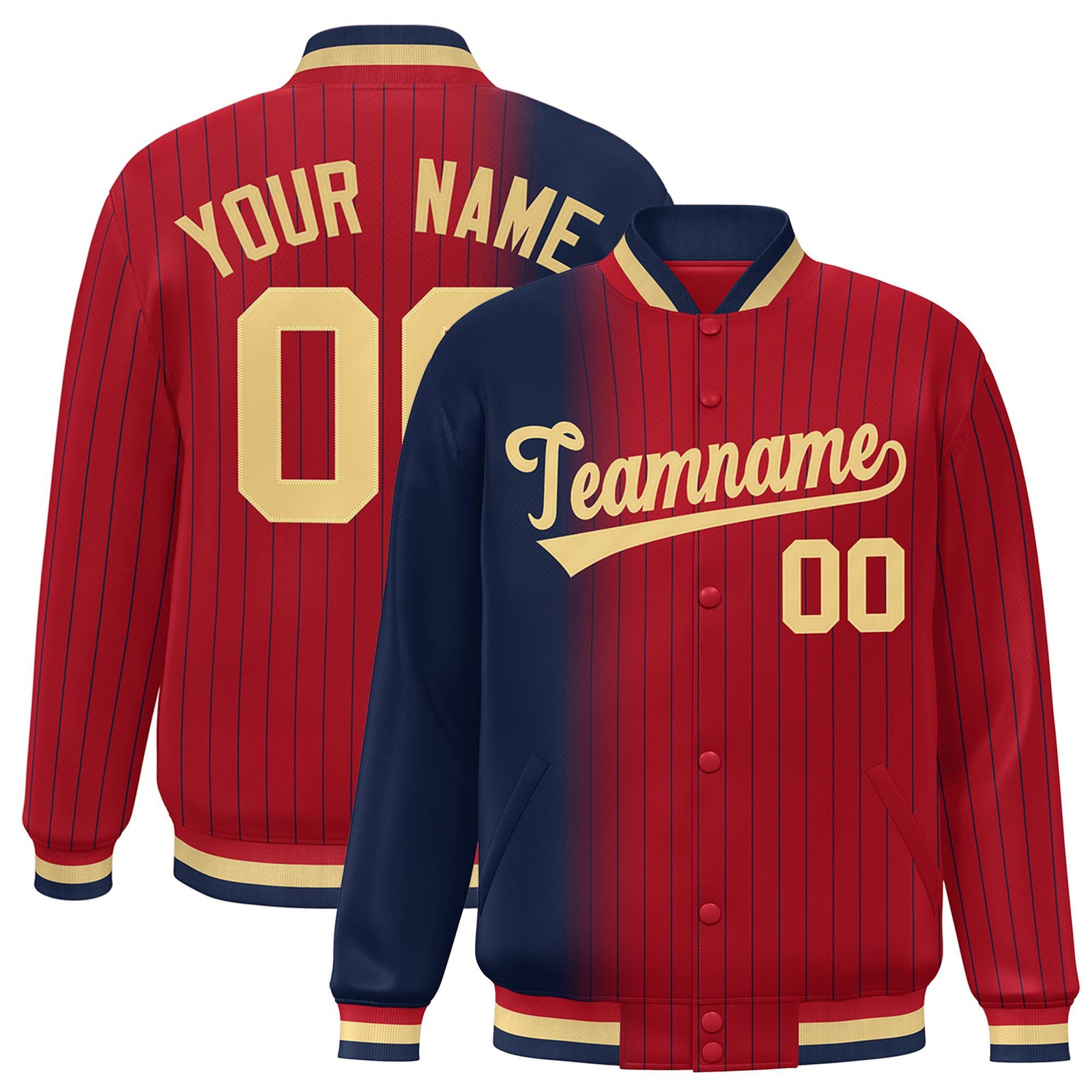 Custom Red Navy Pinstripe Old Gold-Navy Gradient Fashion Varsity Full-Snap Jacket