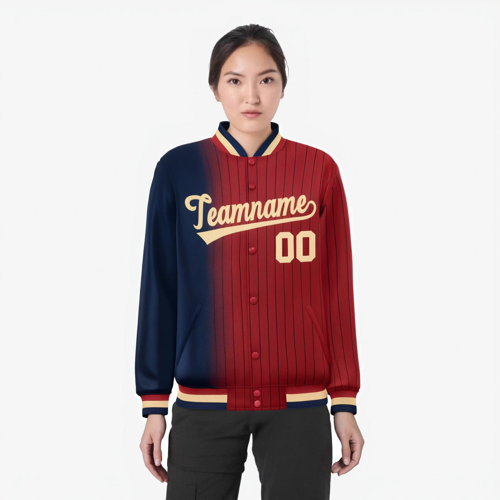 Custom Red Navy Pinstripe Old Gold-Navy Gradient Fashion Varsity Full-Snap Jacket