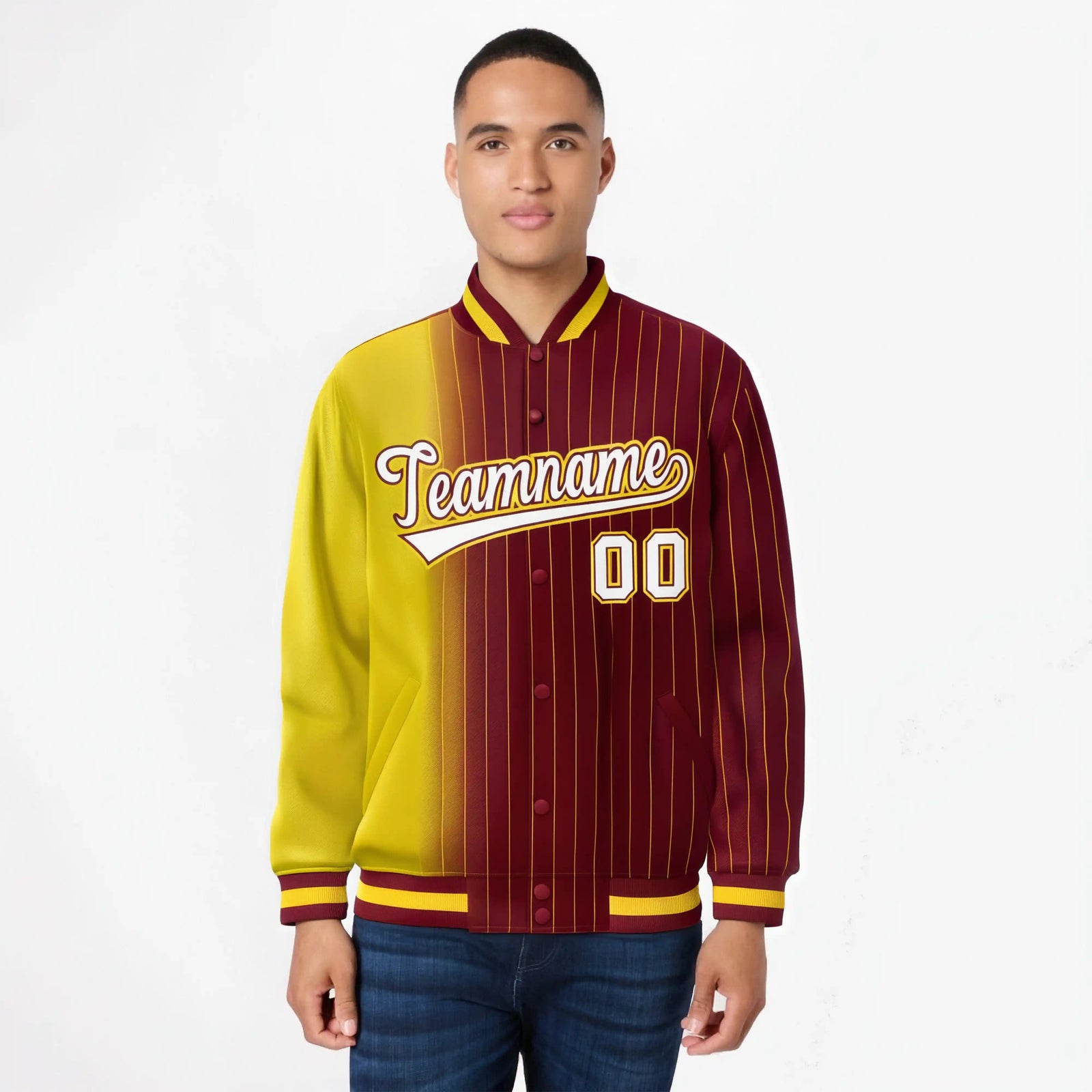 Custom Crimson Gold Pinstripe White-Gold Gradient Fashion Varsity Full-Snap Jacket