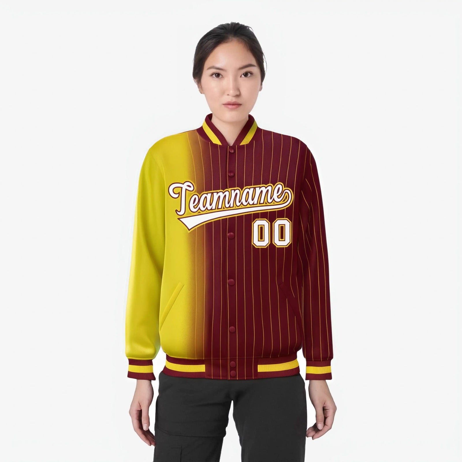 Custom Crimson Gold Pinstripe White-Gold Gradient Fashion Varsity Full-Snap Jacket