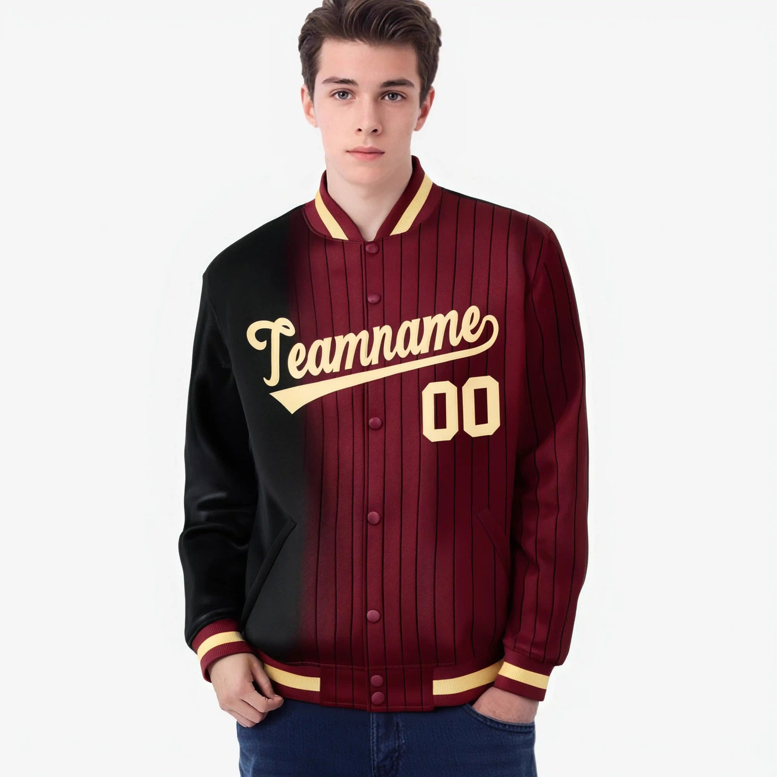 Custom Crimson Black Pinstripe Old Gold-Black Gradient Fashion Varsity Full-Snap Jacket