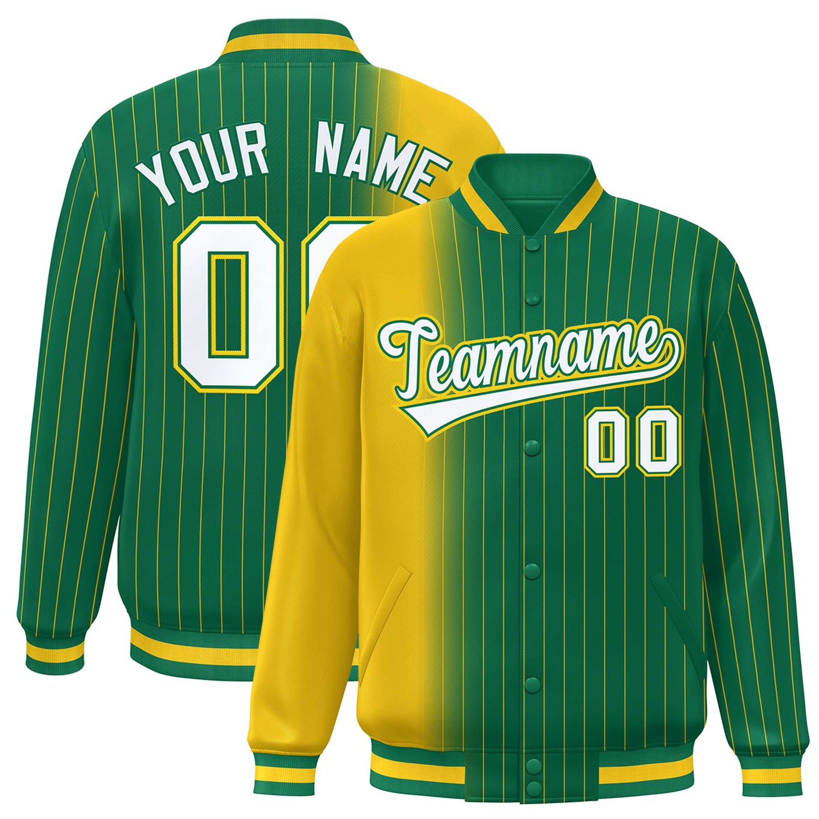 Custom Kelly Green Gold Pinstripe White-Gold Gradient Fashion Varsity Full-Snap Jacket
