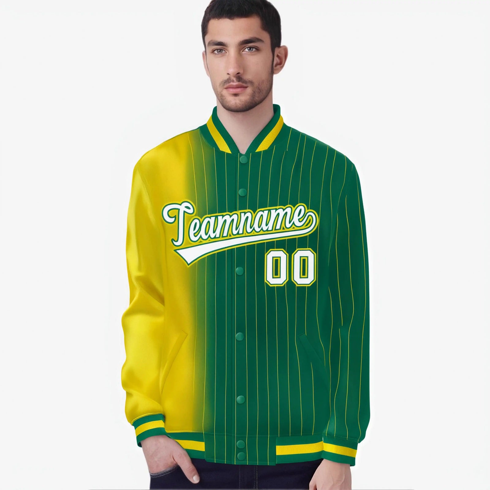 Custom Kelly Green Gold Pinstripe White-Gold Gradient Fashion Varsity Full-Snap Jacket