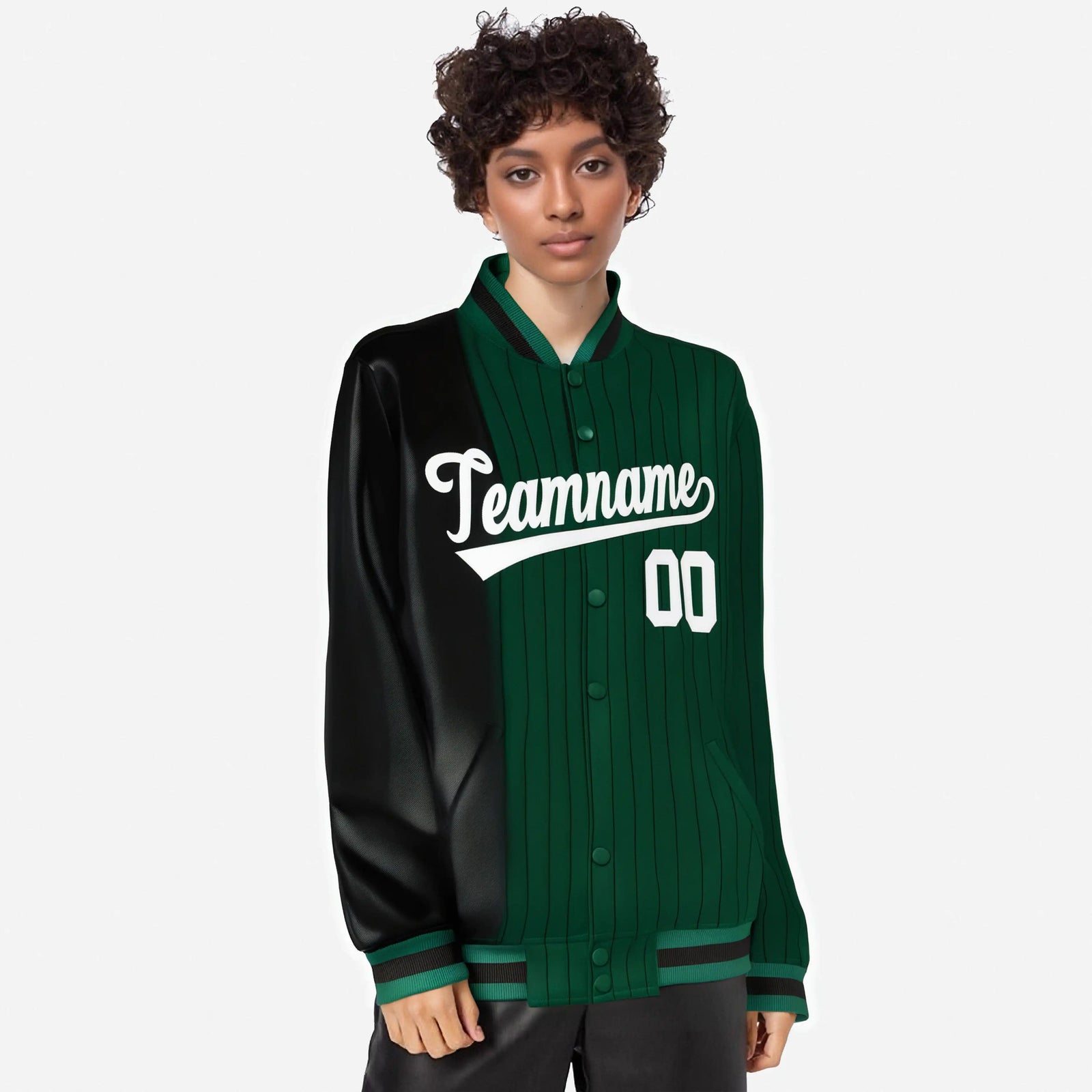 Custom Green Black Pinstripe White-Black Gradient Fashion Varsity Full-Snap Jacket