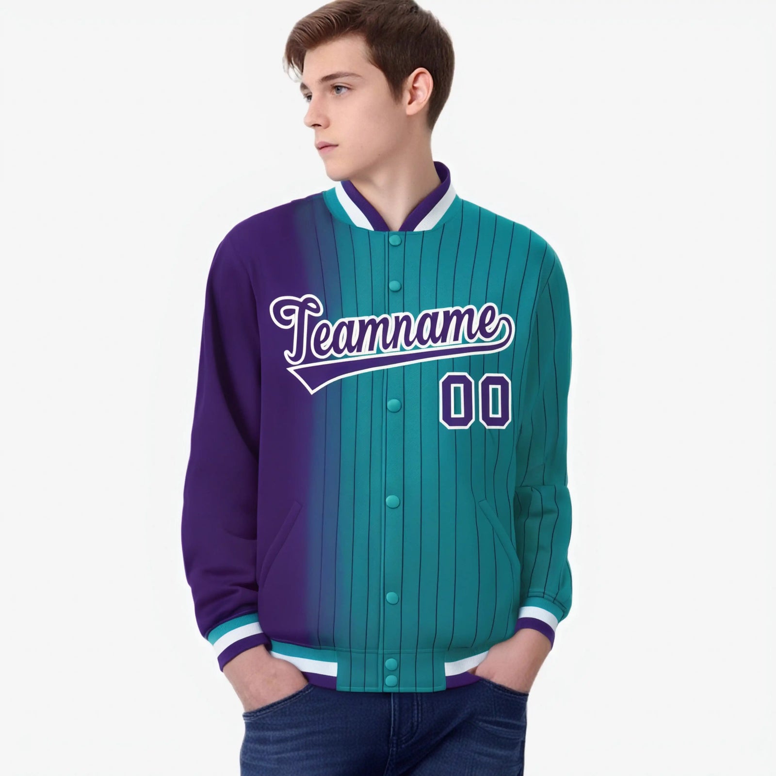 Custom Aqua Purple Pinstripe White-Purple Gradient Fashion Varsity Full-Snap Jacket