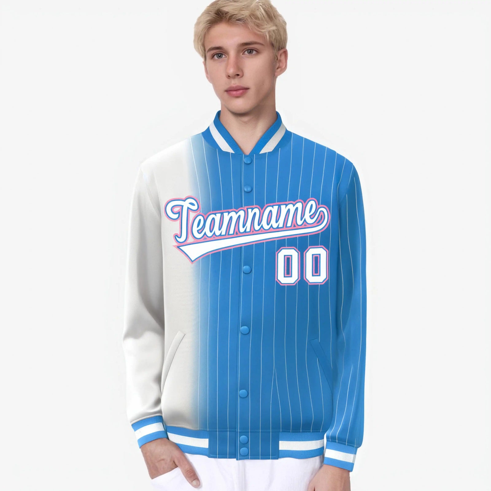 Chaqueta universitaria de moda con cierre completo, personalizada, de raya diplomática en azul pálido y blanco degradado