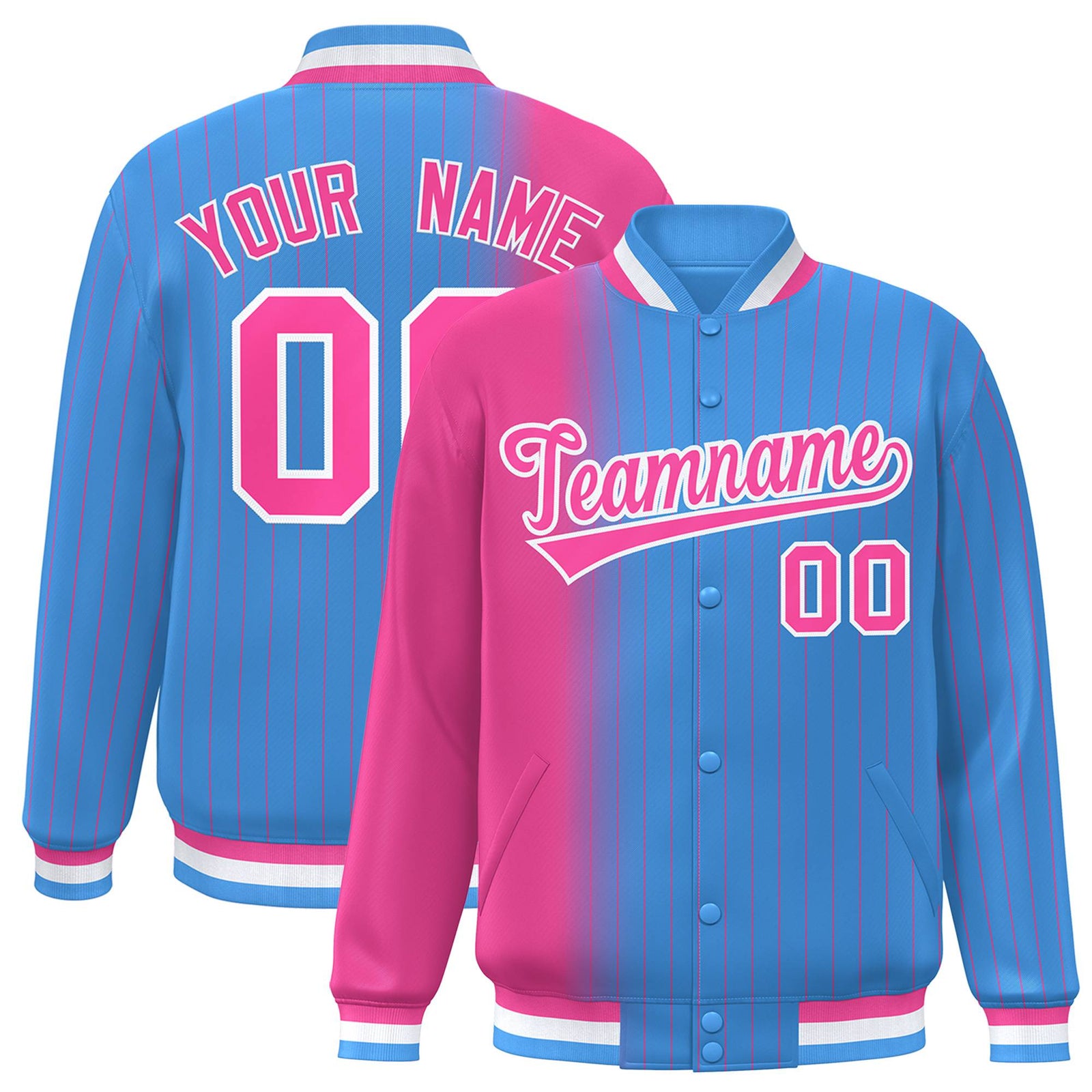 Custom Powder Blue Pink Pinstripe White-Pink Gradient Fashion Varsity Full-Snap Jacket