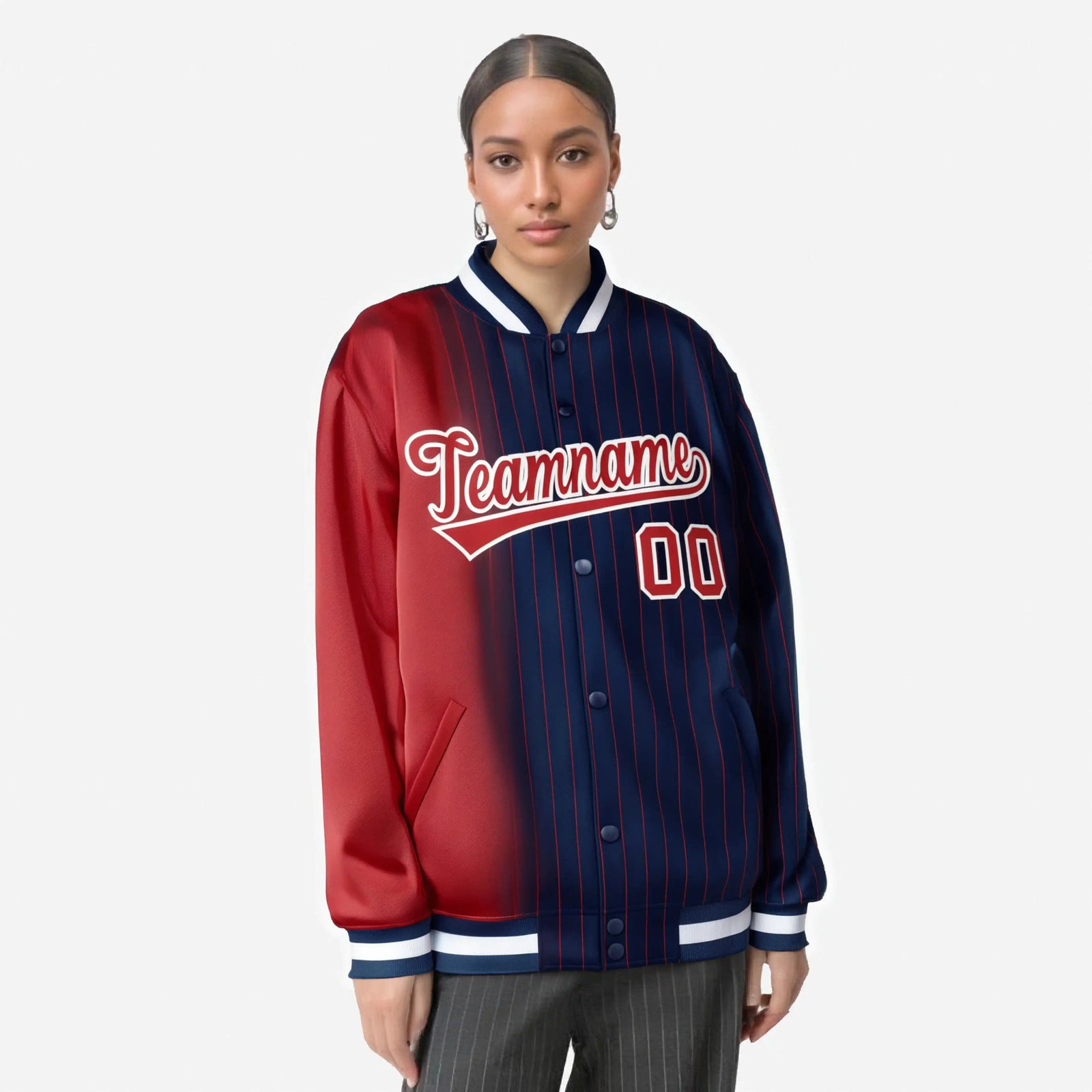 Custom Navy Red Pinstripe White-Red Gradient Fashion Varsity Full-Snap Jacket