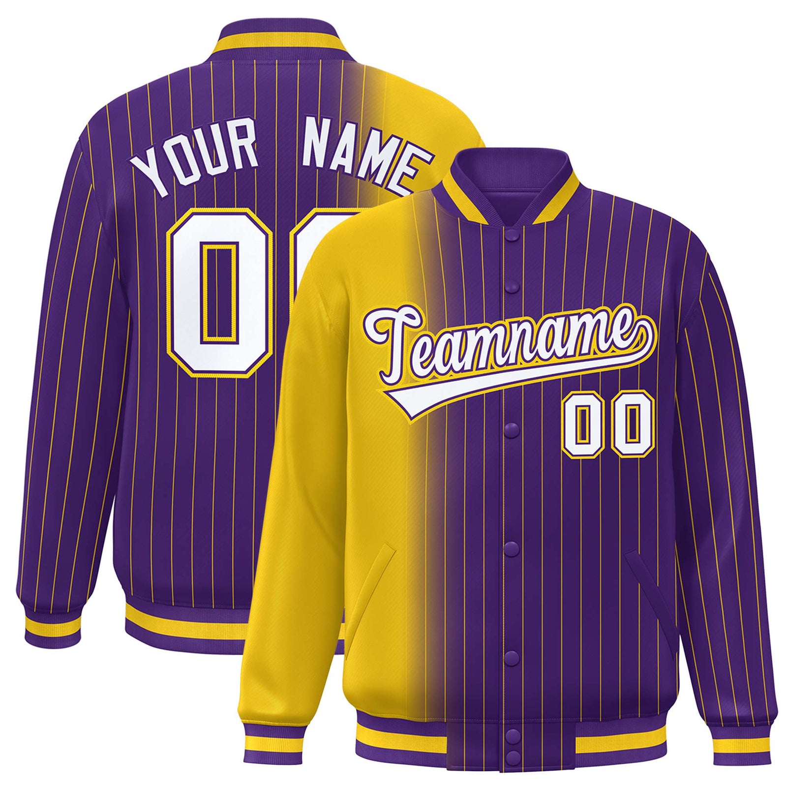 Custom Purple Gold Pinstripe White-Gold Gradient Fashion Varsity Full-Snap Jacket
