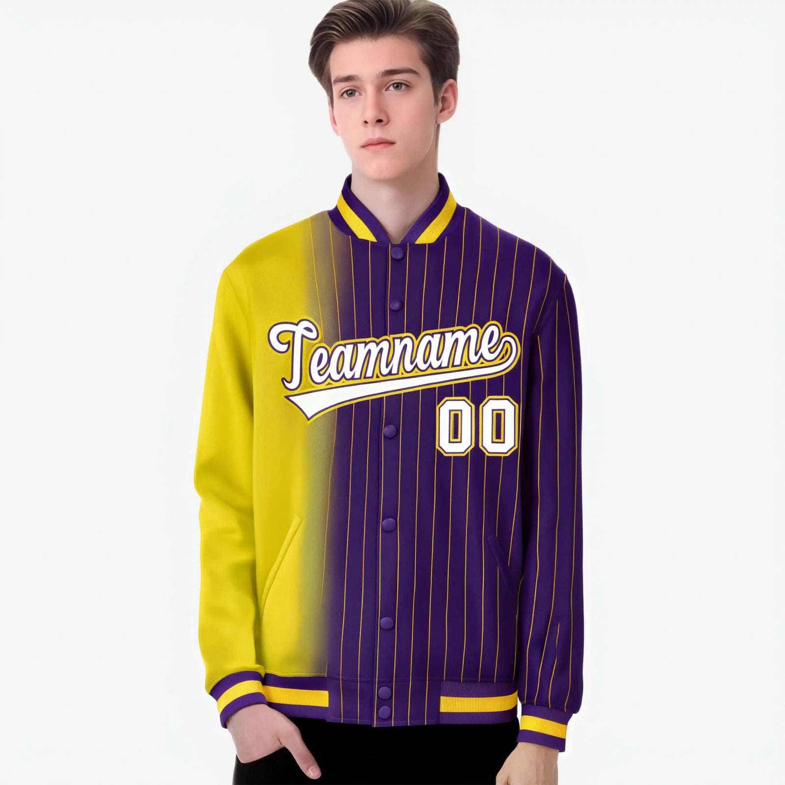 Custom Purple Gold Pinstripe White-Gold Gradient Fashion Varsity Full-Snap Jacket