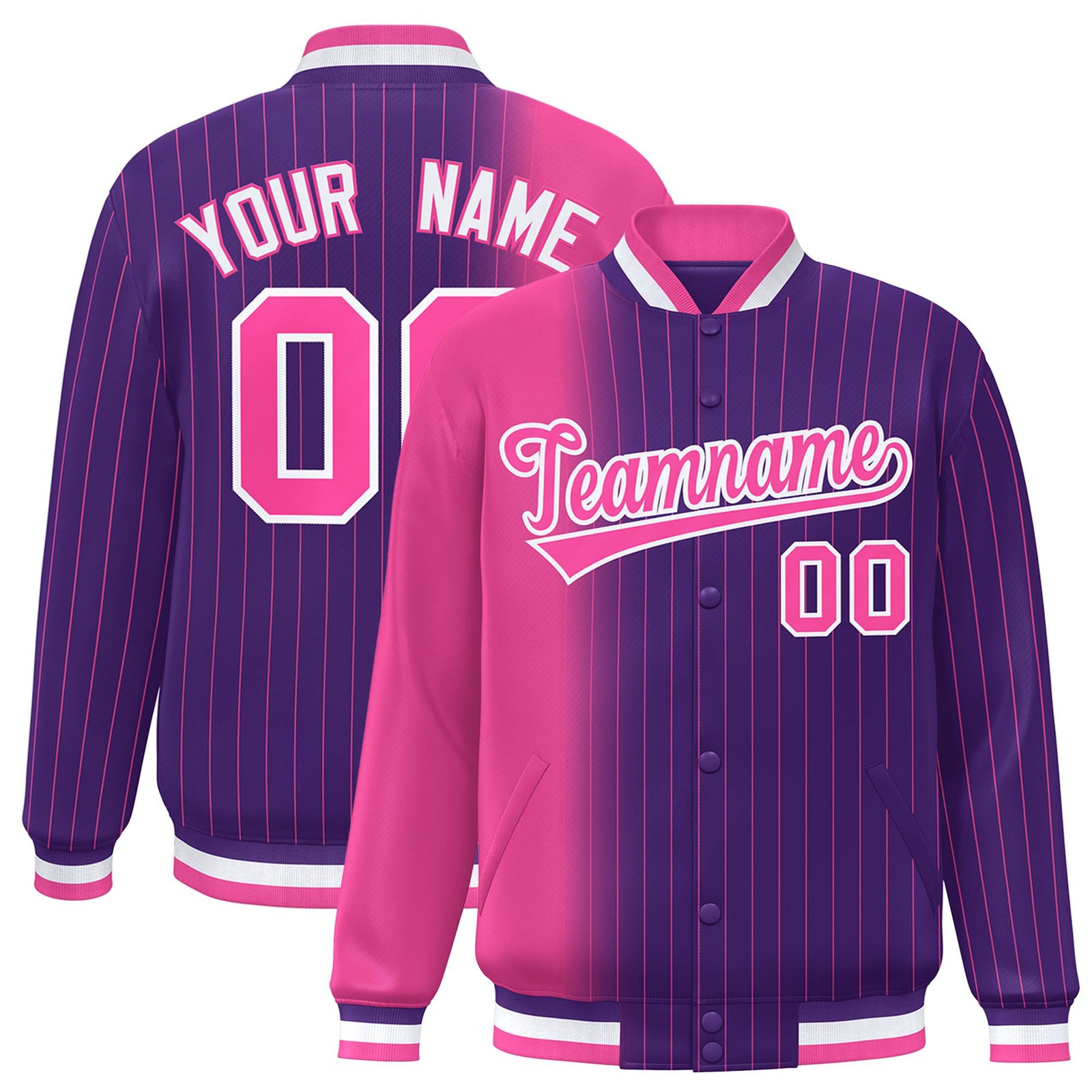 Custom Purple Pink Pinstripe White-Pink Gradient Fashion Varsity Full-Snap Jacket