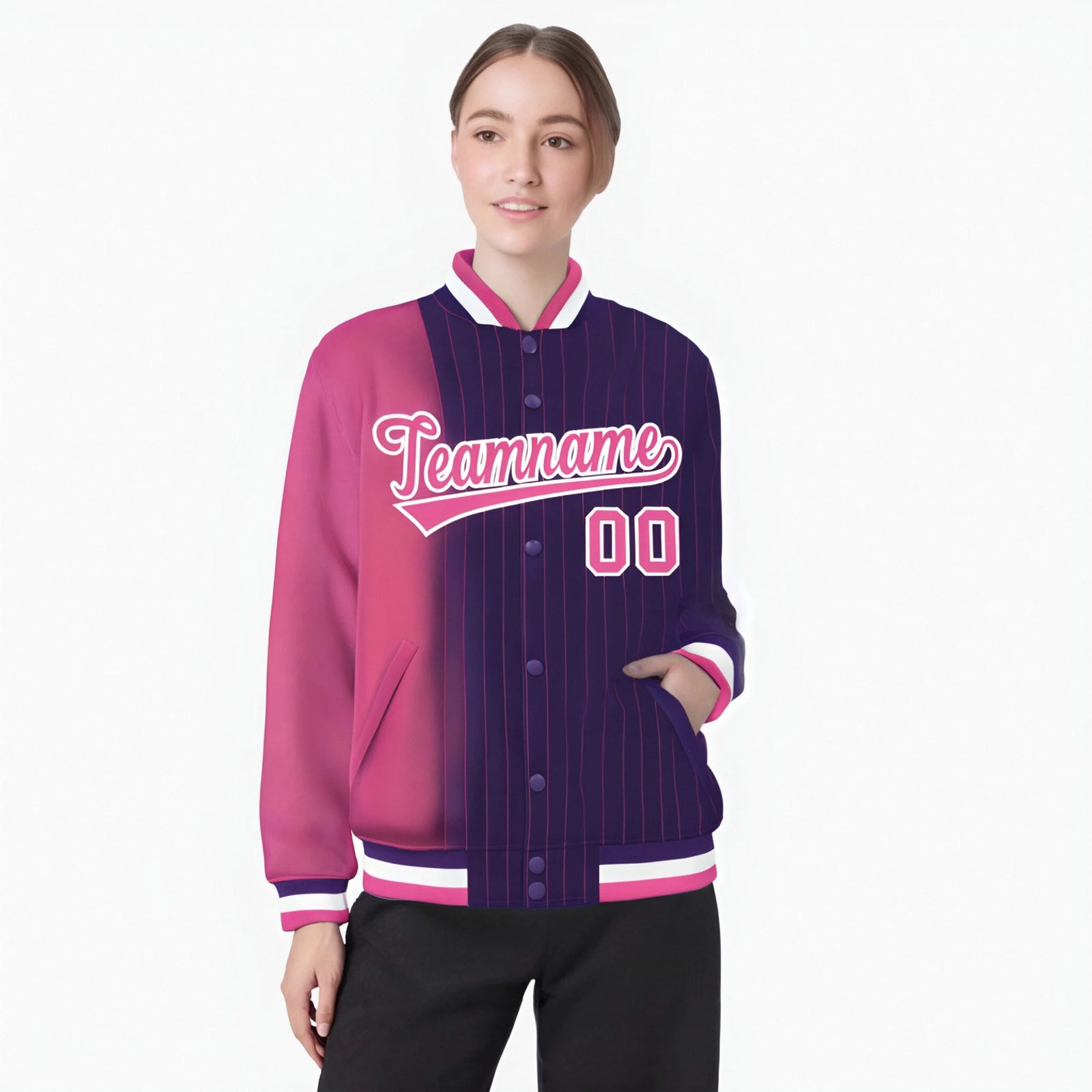 Custom Purple Pink Pinstripe White-Pink Gradient Fashion Varsity Full-Snap Jacket