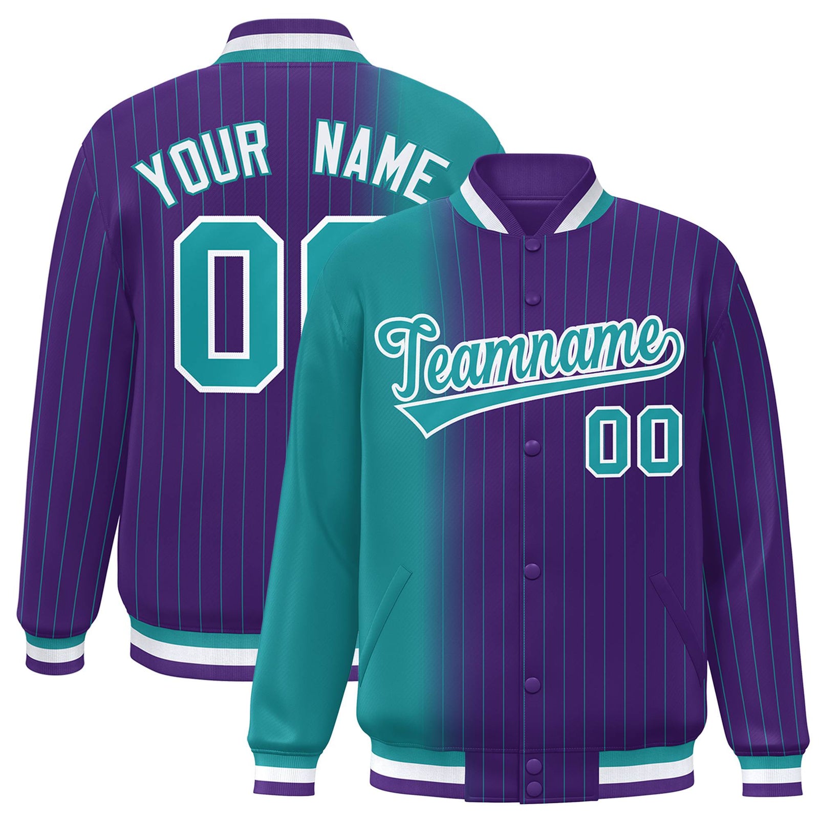 Custom Purple Aqua Pinstripe White-Aqua Gradient Fashion Varsity Full-Snap Jacket