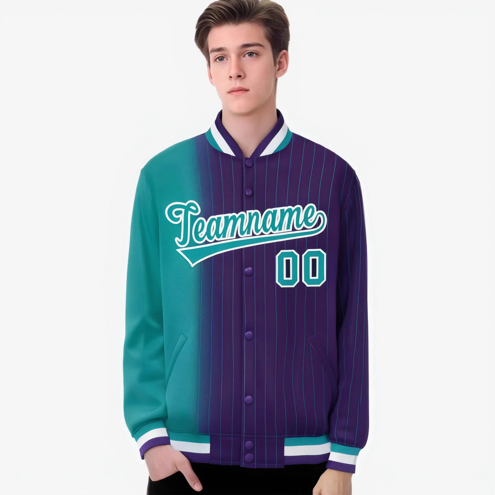 Custom Purple Aqua Pinstripe White-Aqua Gradient Fashion Varsity Full-Snap Jacket