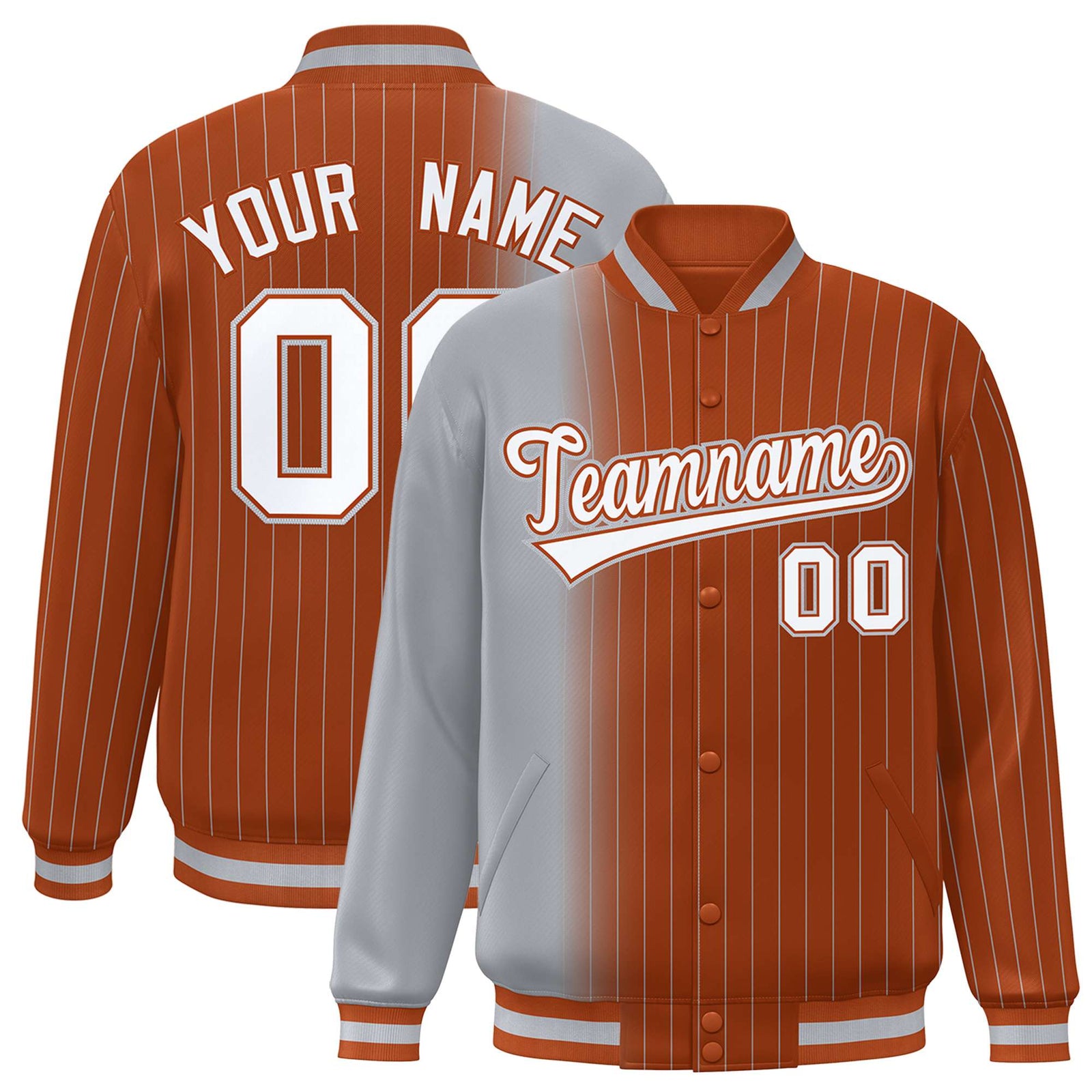 Custom Gray Orange Pinstripe White-Gray Gradient Fashion Varsity Full-Snap Jacket