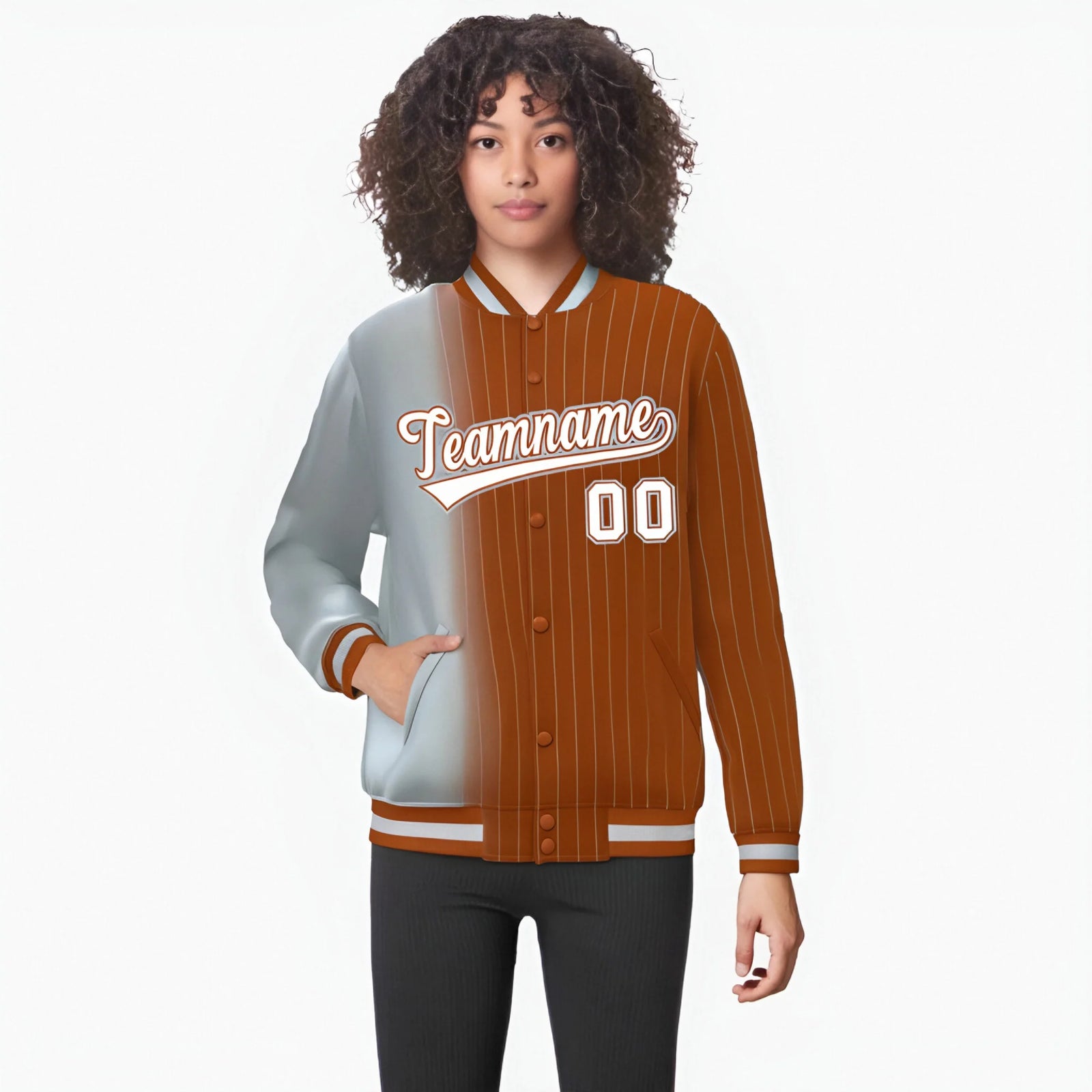 Custom Gray Orange Pinstripe White-Gray Gradient Fashion Varsity Full-Snap Jacket