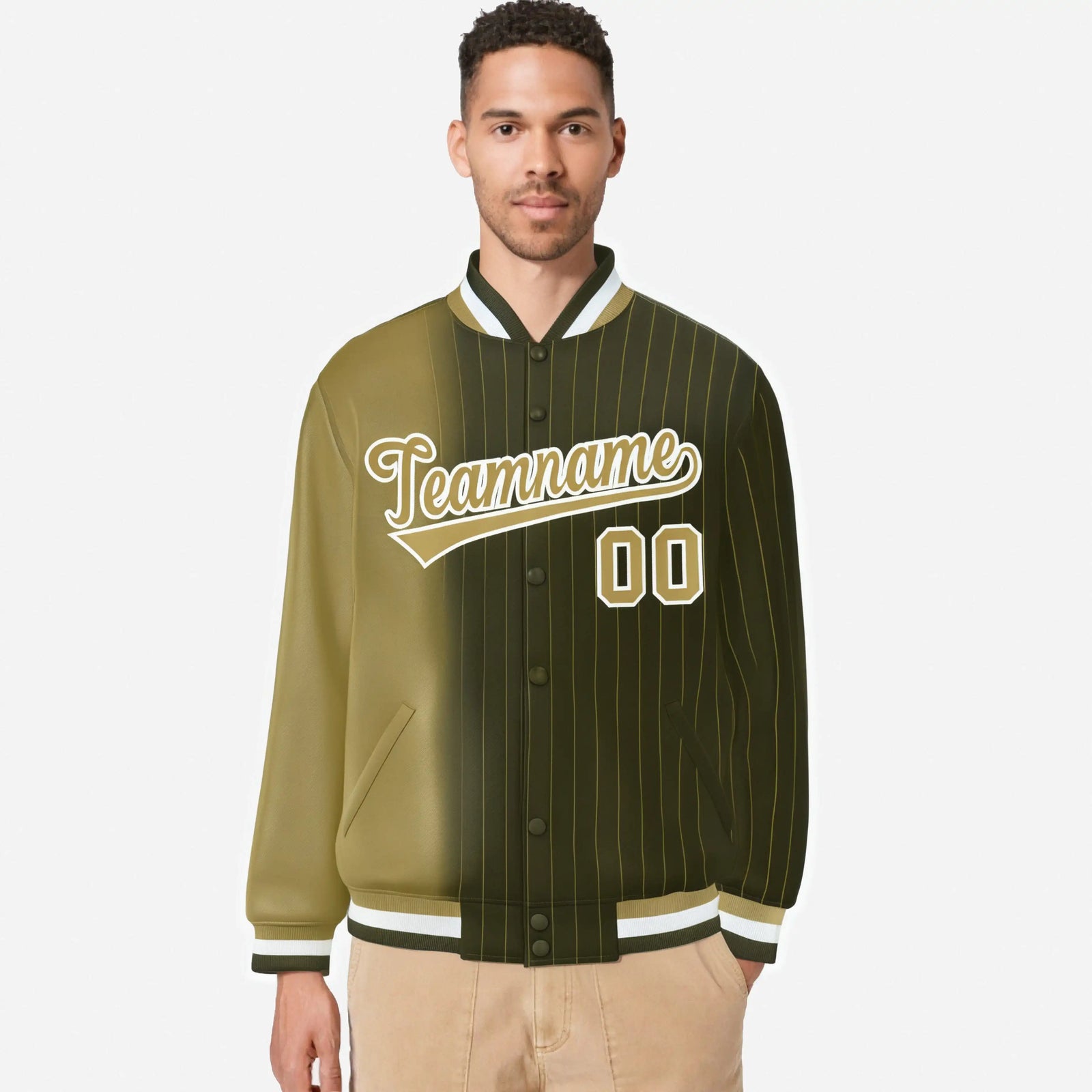 Custom Olive Old Gold Pinstripe White-Old Gold Gradient Fashion Varsity Full-Snap Jacket