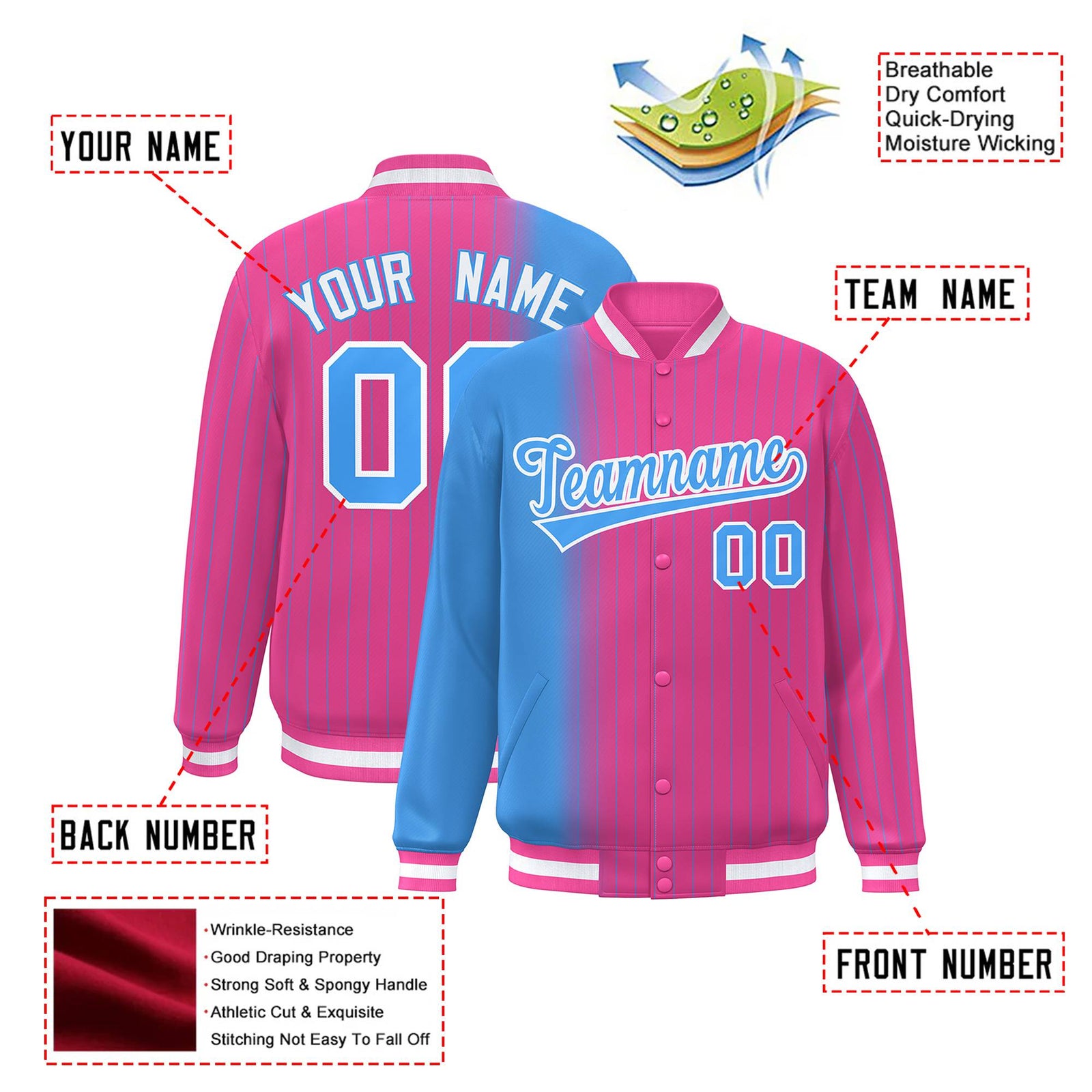 Custom Pink Powder Blue Pinstripe White-Powder Blue Gradient Fashion Varsity Full-Snap Jacket