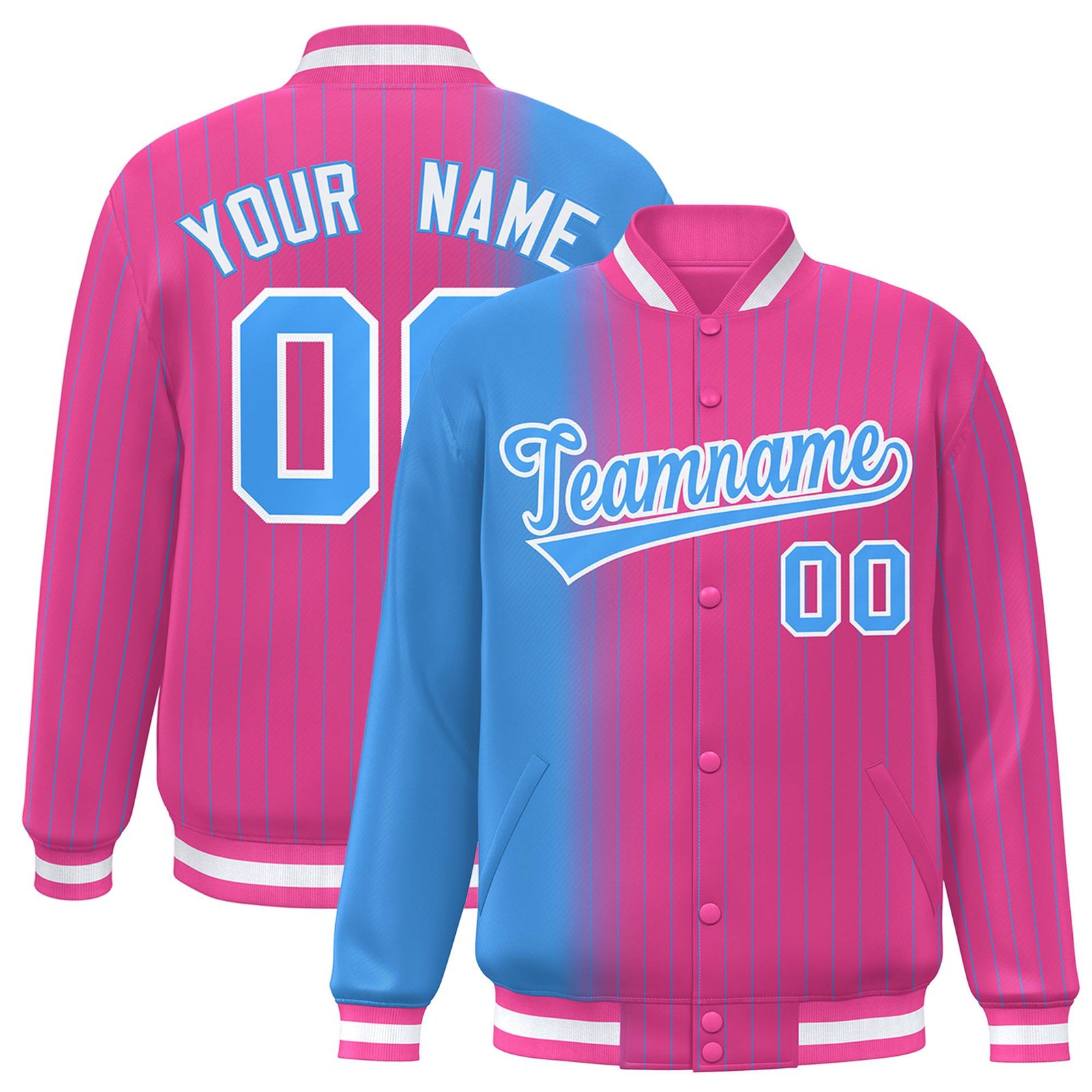Custom Pink Powder Blue Pinstripe White-Powder Blue Gradient Fashion Varsity Full-Snap Jacket