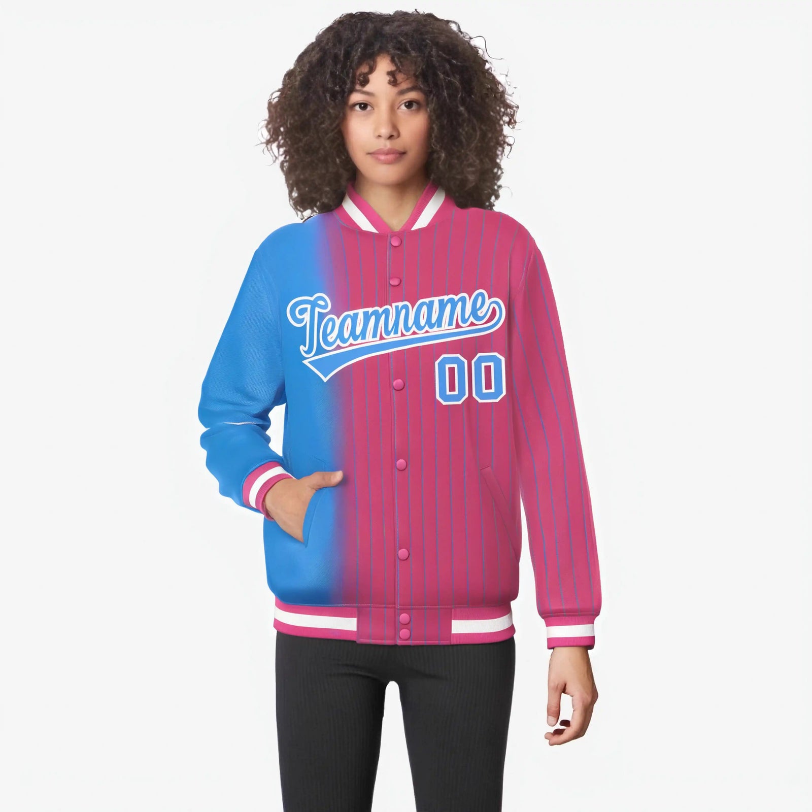 Custom Pink Powder Blue Pinstripe White-Powder Blue Gradient Fashion Varsity Full-Snap Jacket
