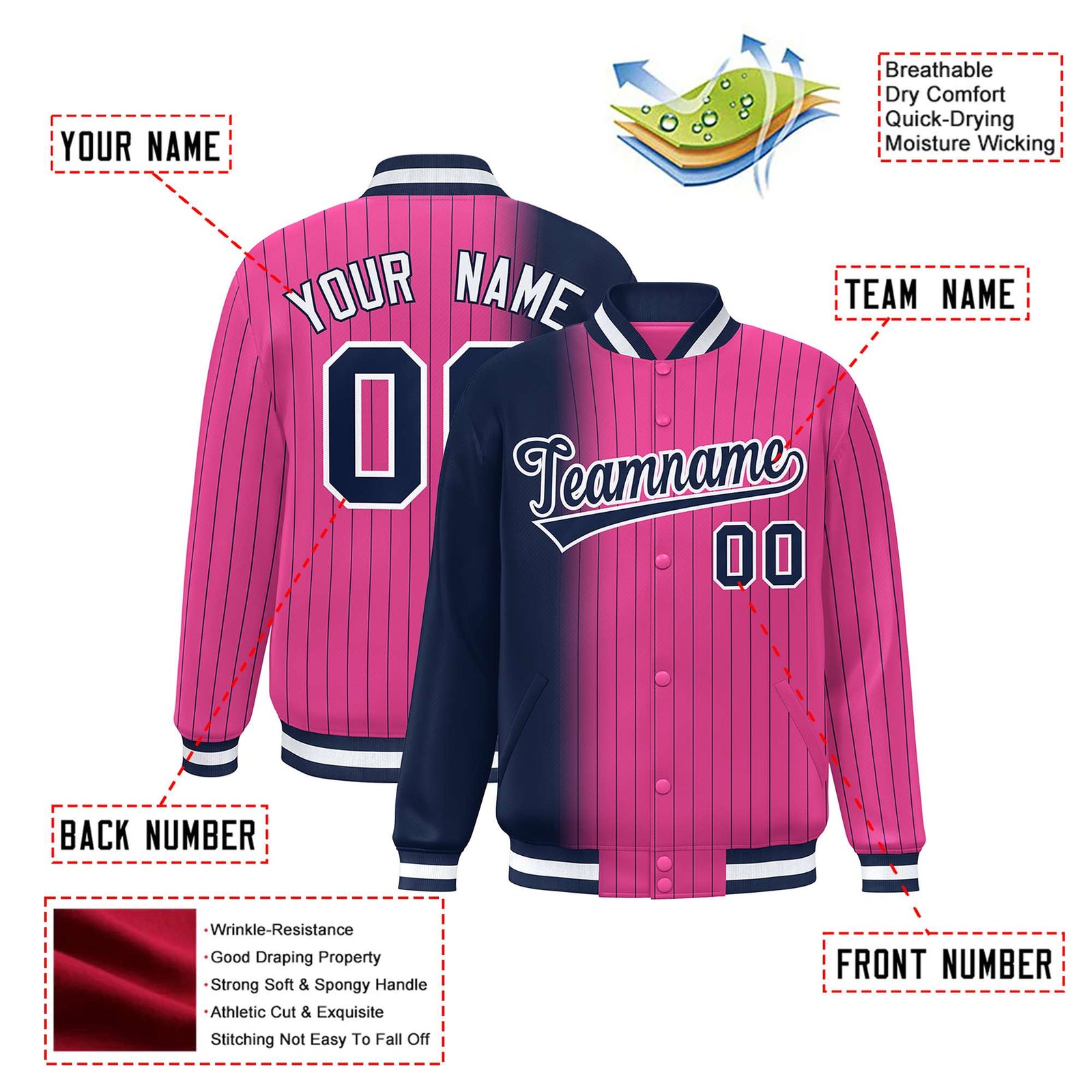 Custom Pink Navy Pinstripe White-Navy Gradient Fashion Varsity Full-Snap Jacket