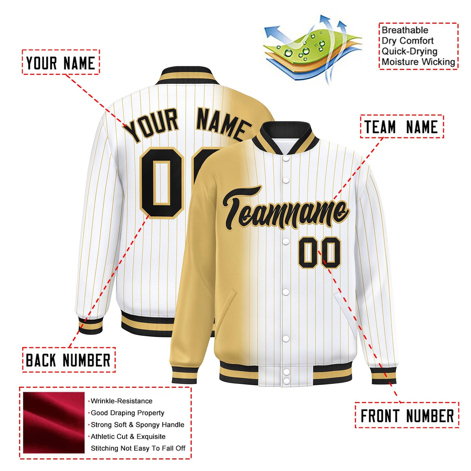 Custom White Khaki Pinstripe Black-Khaki Gradient Fashion Varsity Full-Snap Jacket