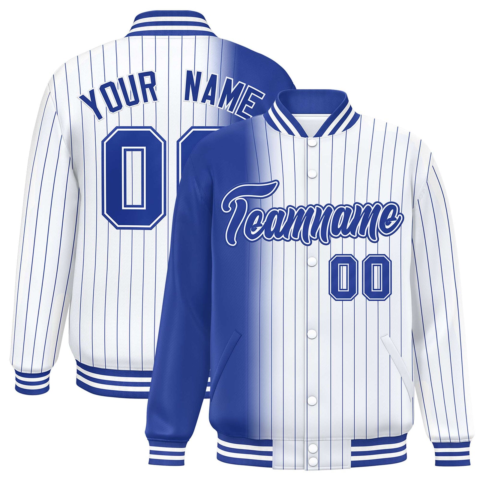 Custom White Royal Blue Pinstripe Royal Blue-White Gradient Fashion Varsity Full-Snap Jacket