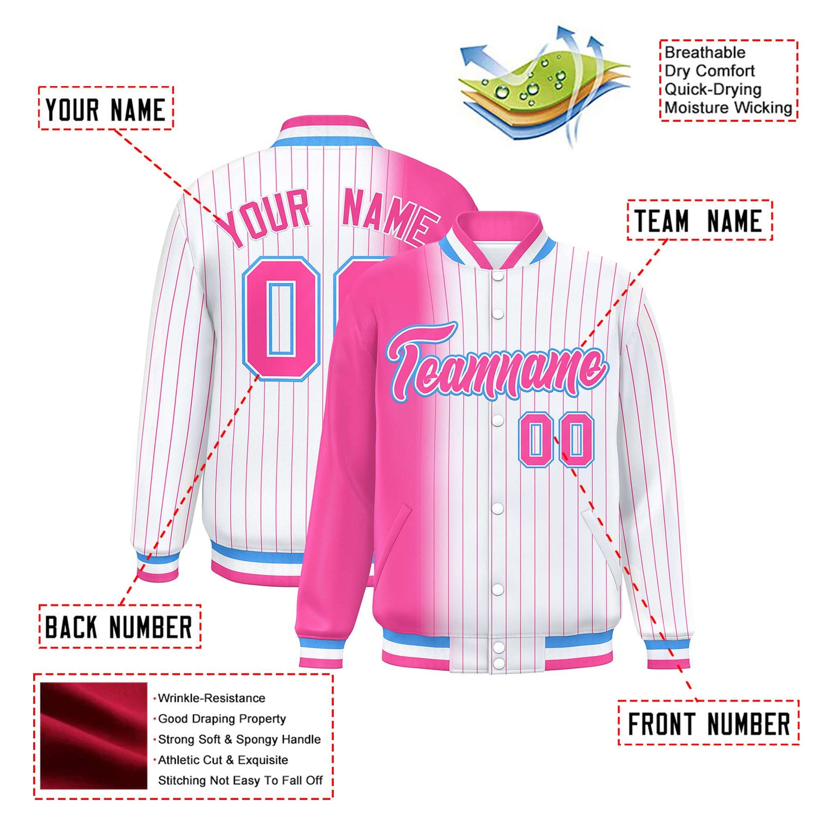 Custom White Pink Pinstripe Pink-Powder Blue Gradient Fashion Varsity Full-Snap Jacket