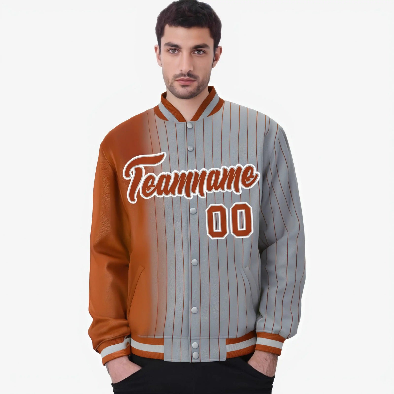 Custom Gray Munsell Pinstripe Munsell-White Gradient Fashion Varsity Full-Snap Jacket