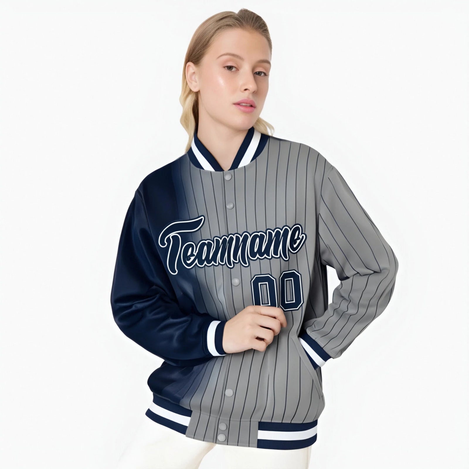Custom Gray Navy Pinstripe Navy-White Gradient Fashion Varsity Full-Snap Jacket