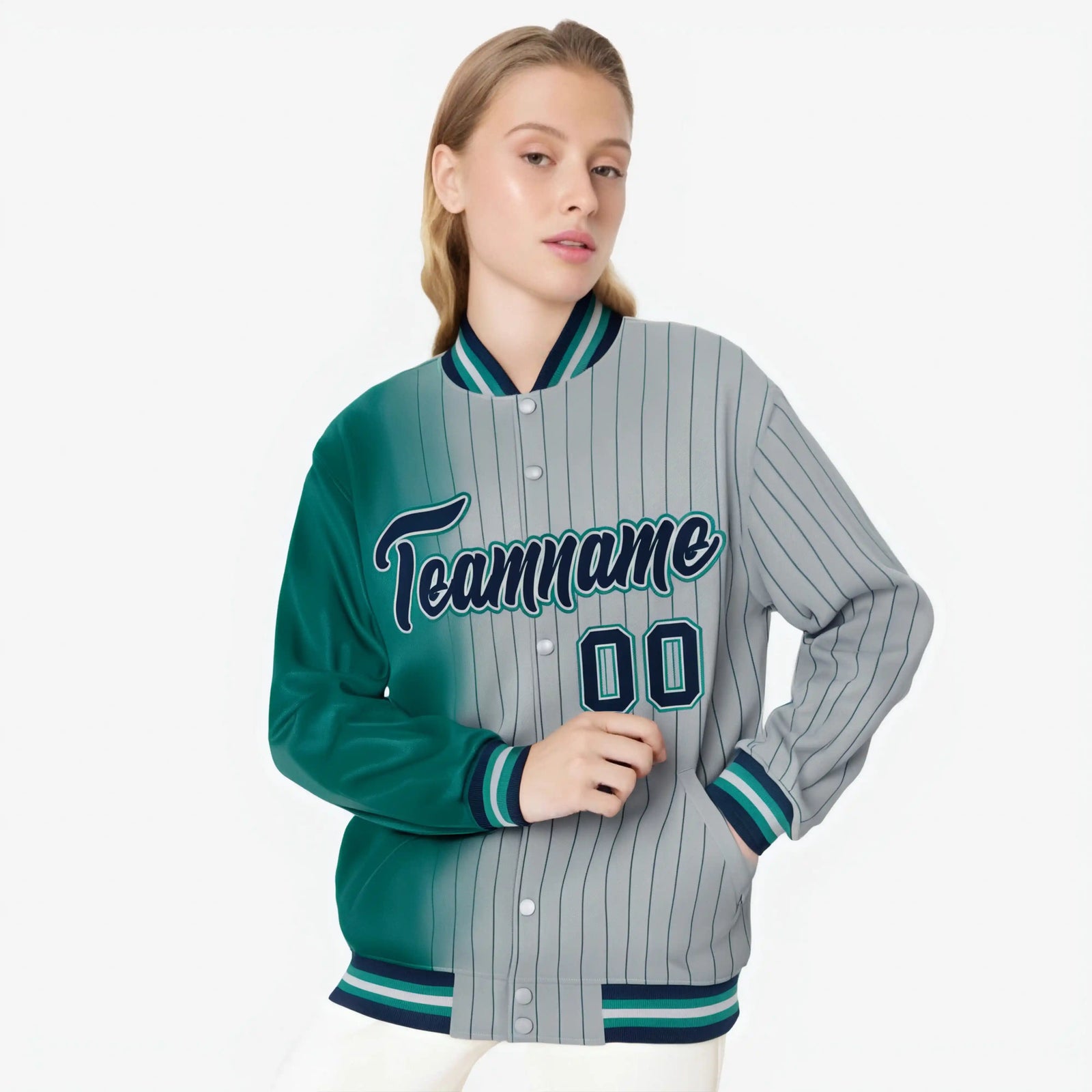 Custom Gray Teal Pinstripe Navy-Teal Gradient Fashion Varsity Full-Snap Jacket