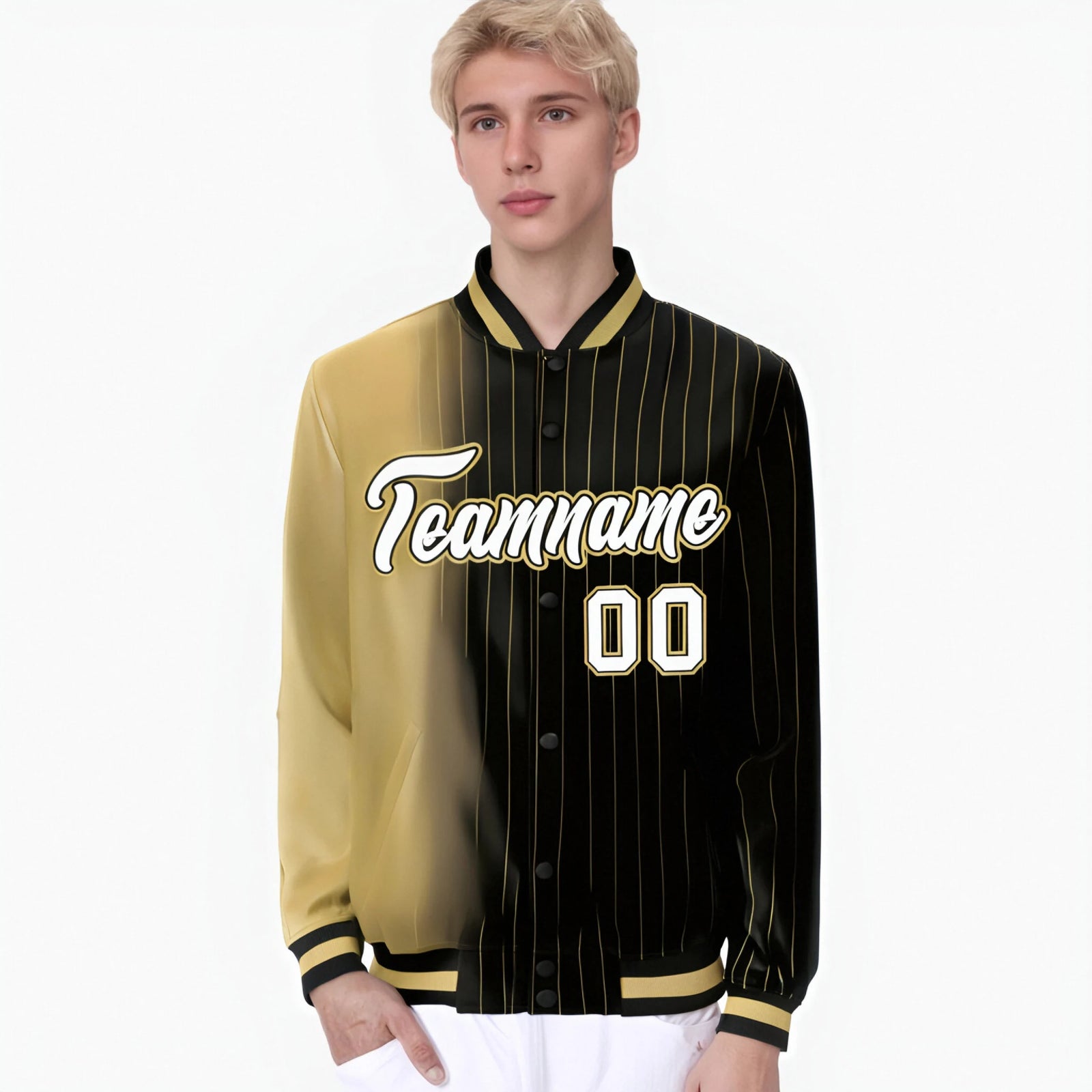 Custom Black Old-Gold Pinstripe White-Old Gold Gradient Fashion Varsity Full-Snap Jacket