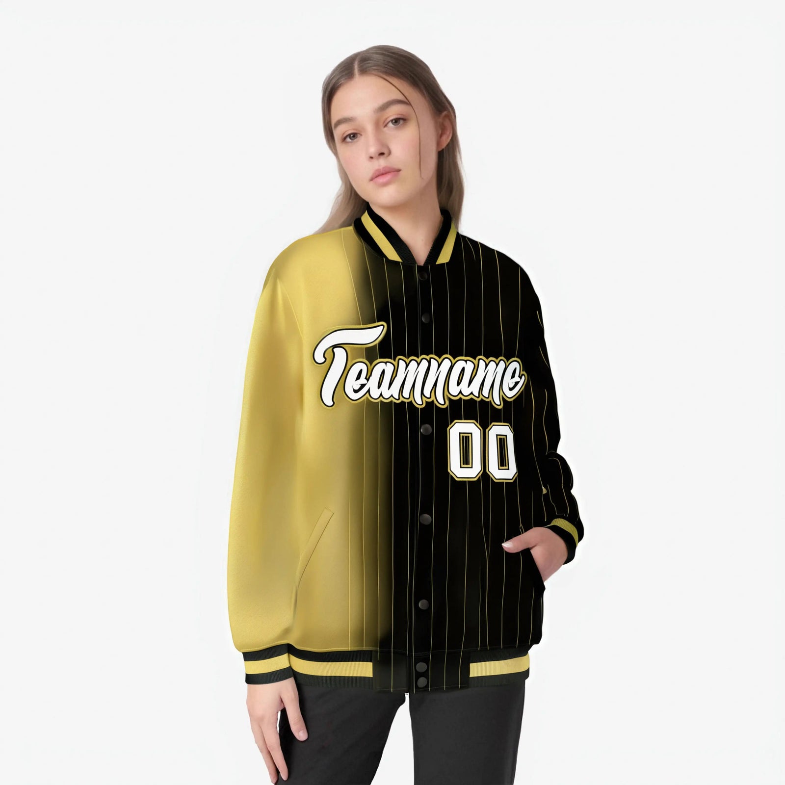 Custom Black Old-Gold Pinstripe White-Old Gold Gradient Fashion Varsity Full-Snap Jacket
