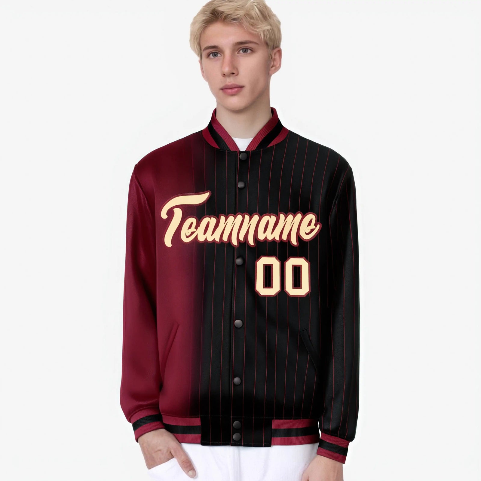Custom Black Crimson Pinstripe Old Gold-Crimson Gradient Fashion Varsity Full-Snap Jacket