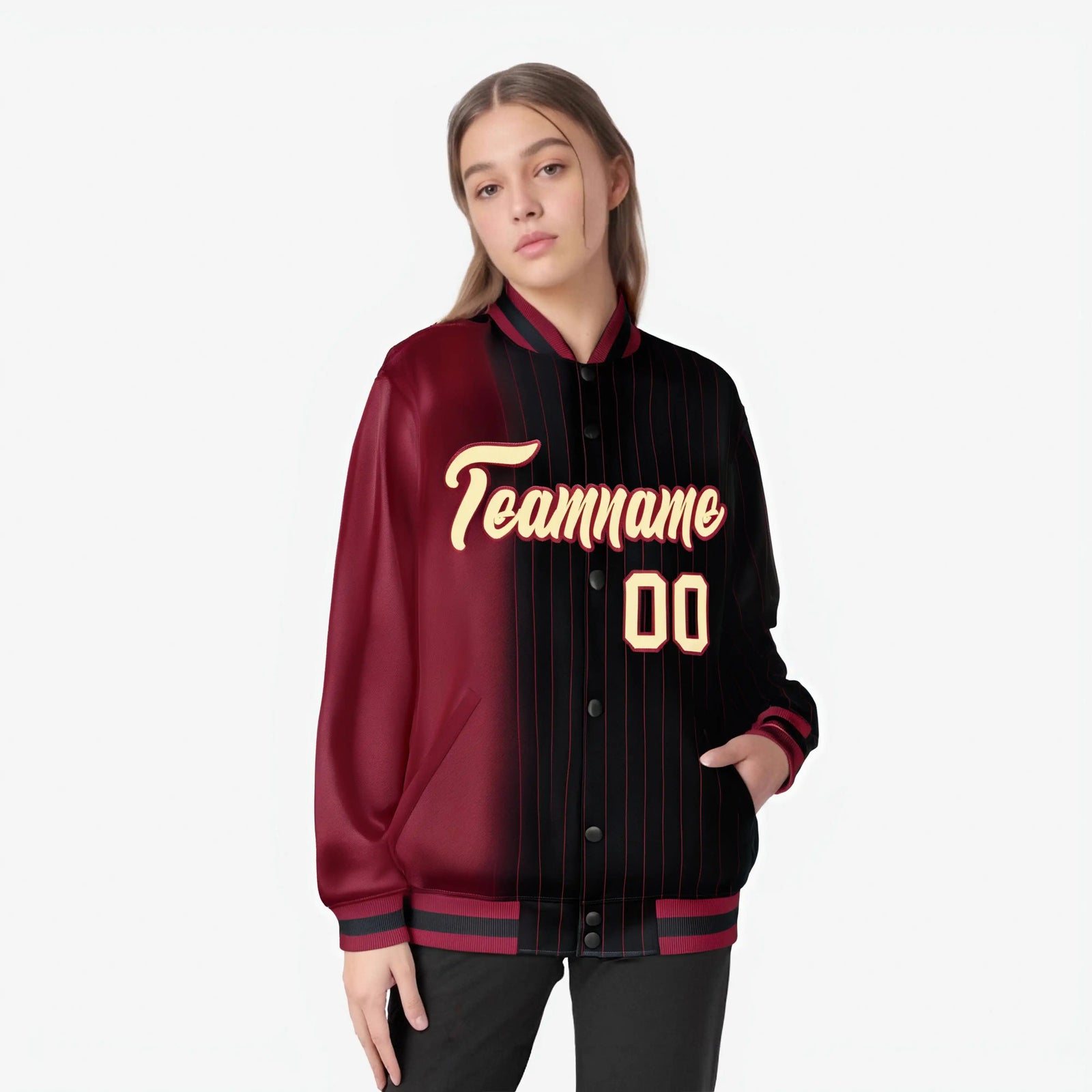 Custom Black Crimson Pinstripe Old Gold-Crimson Gradient Fashion Varsity Full-Snap Jacket