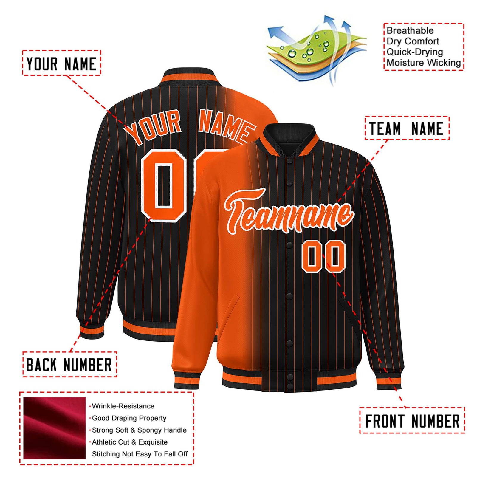 Custom Black Orange Pinstripe Orange-White Gradient Fashion Varsity Full-Snap Jacket
