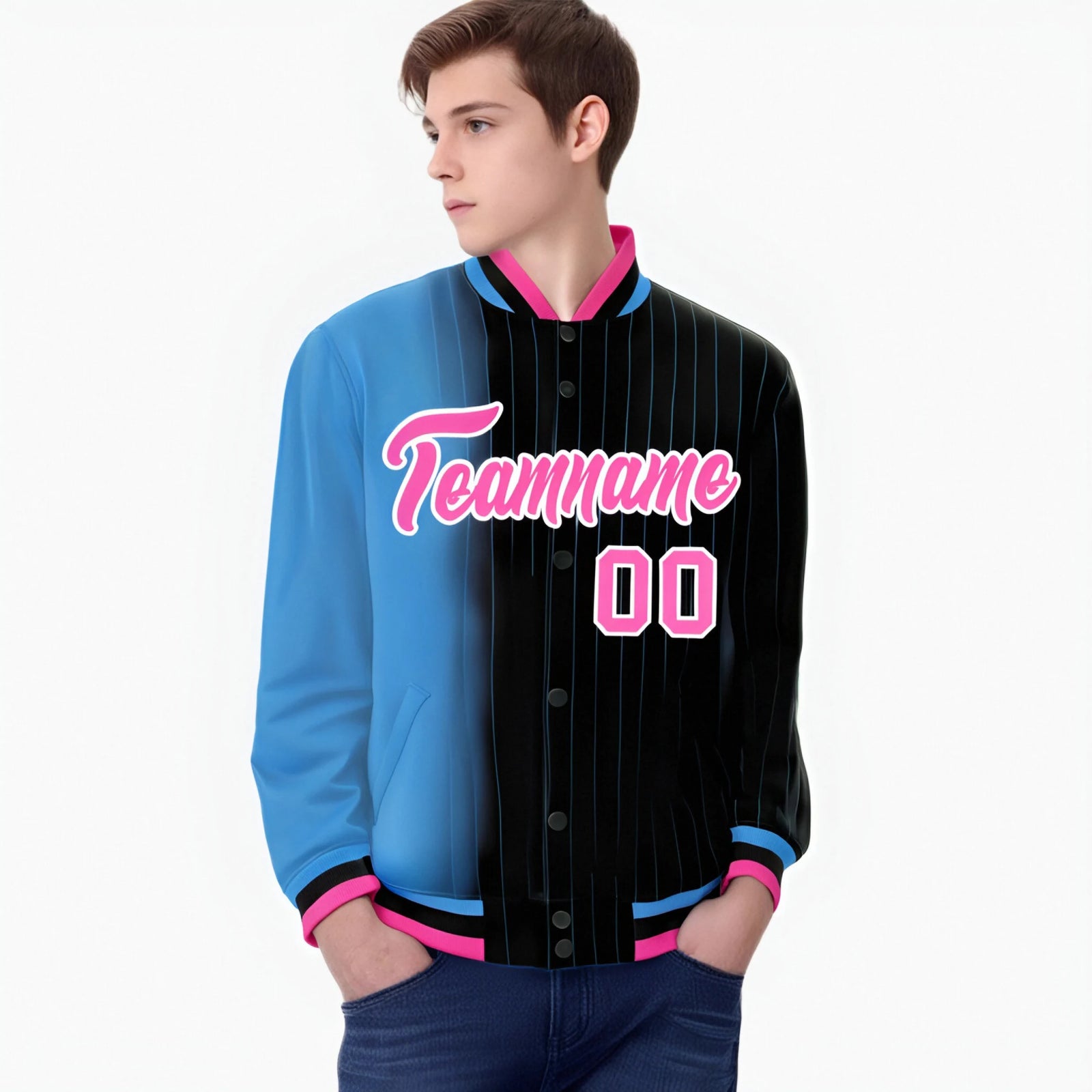 Custom Black Powder Blue Pinstripe Pink-Powder Blue Gradient Fashion Varsity Full-Snap Jacket