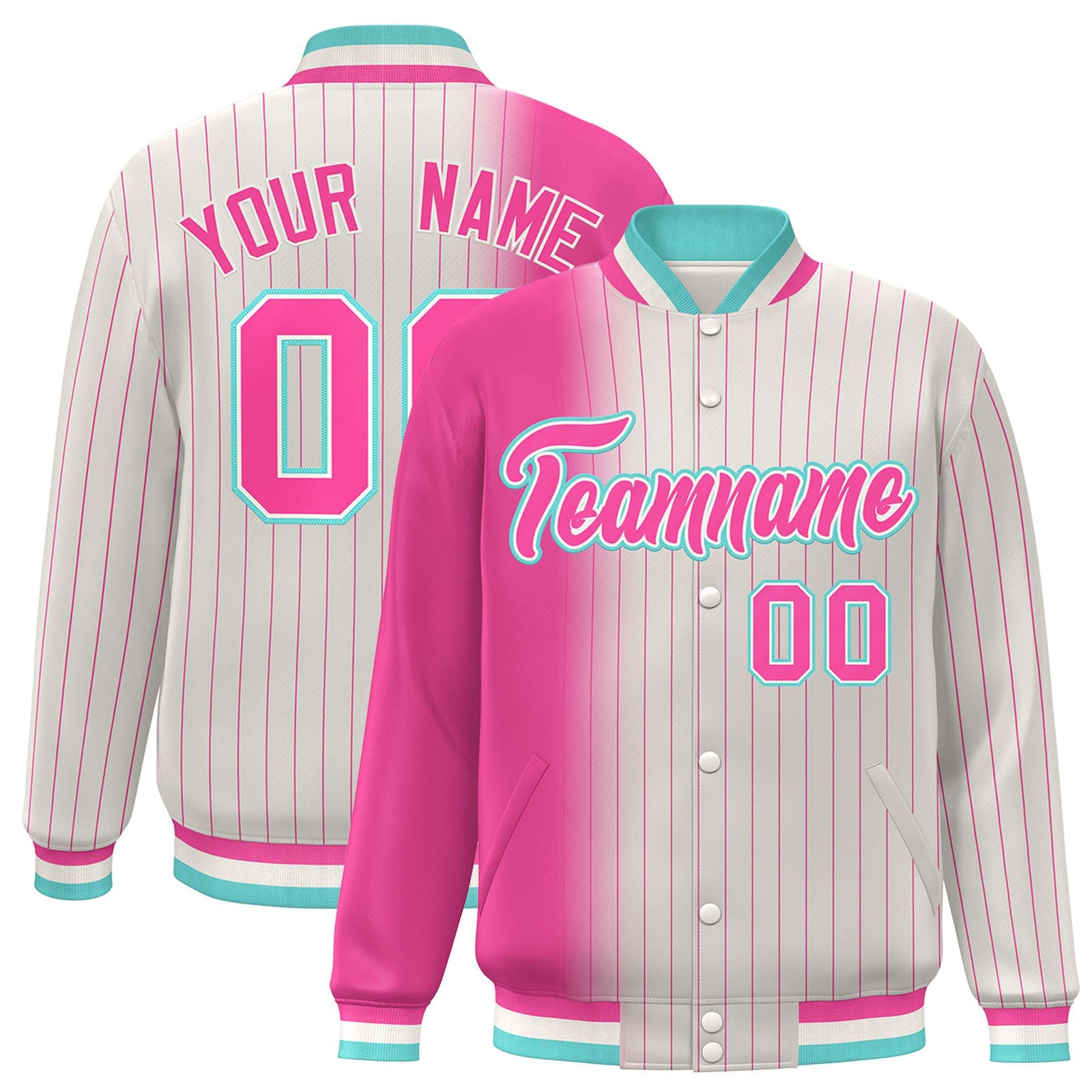 Custom Cream Pink Pinstripe Aqua-Pink Gradient Fashion Varsity Full-Snap Jacket