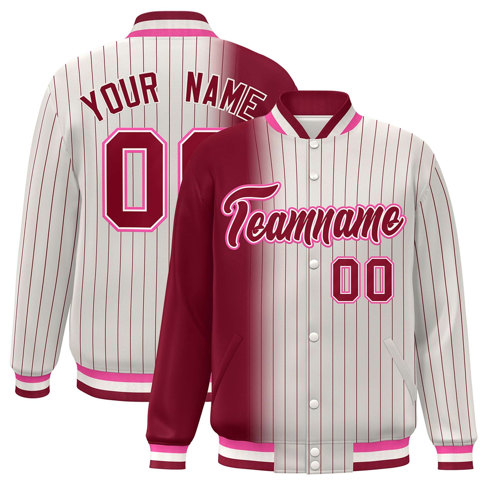Custom Cream Crimson Pinstripe Pink-Crimson Gradient Fashion Varsity Full-Snap Jacket