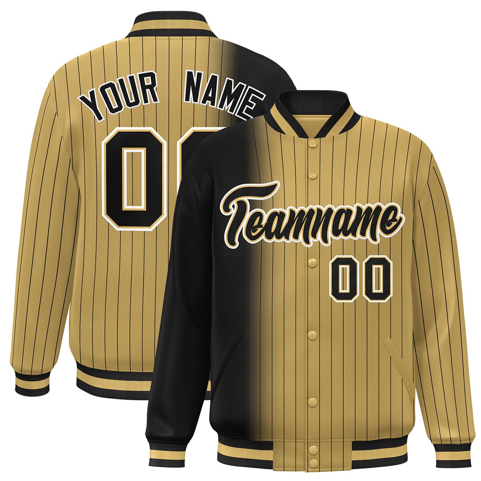 Custom Old Gold Black Pinstripe White-Black Gradient Fashion Varsity Full-Snap Jacket